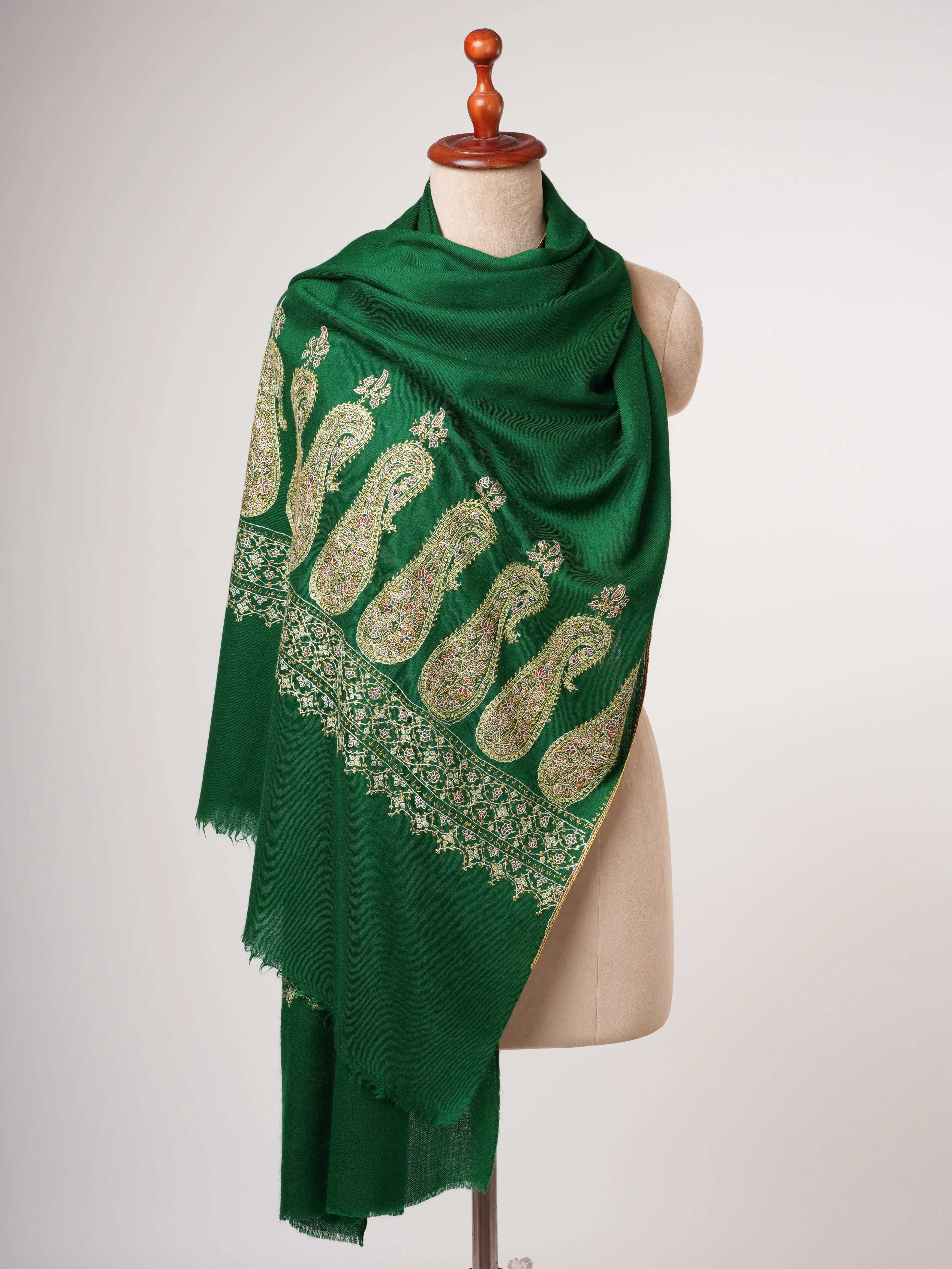 Emerald Green Silk Wool Scarf with Palla Embroidery Shahkaar