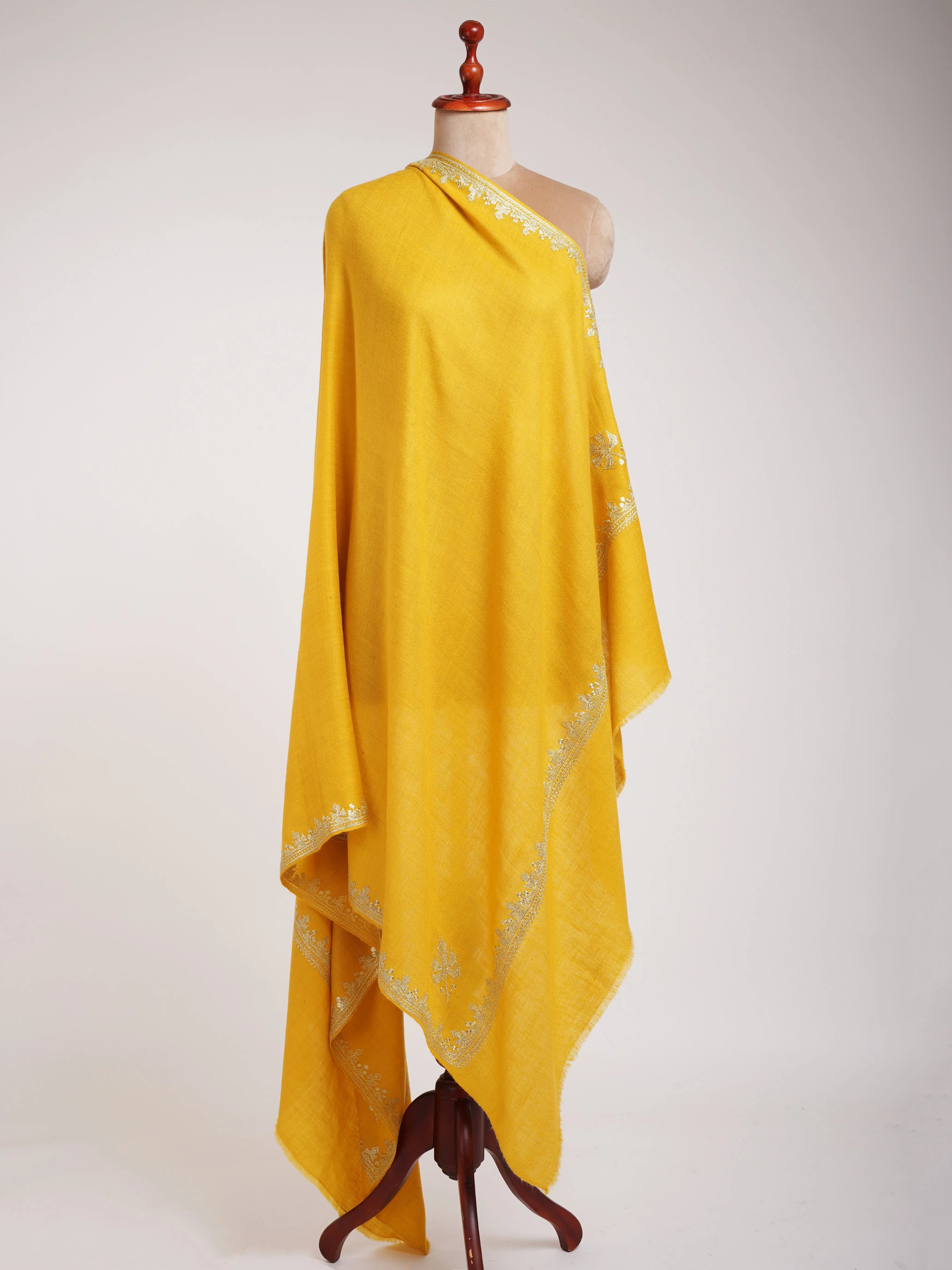 Empire Yellow Kashmiri Pashmina Shawl in Tilla Work Shahkaar