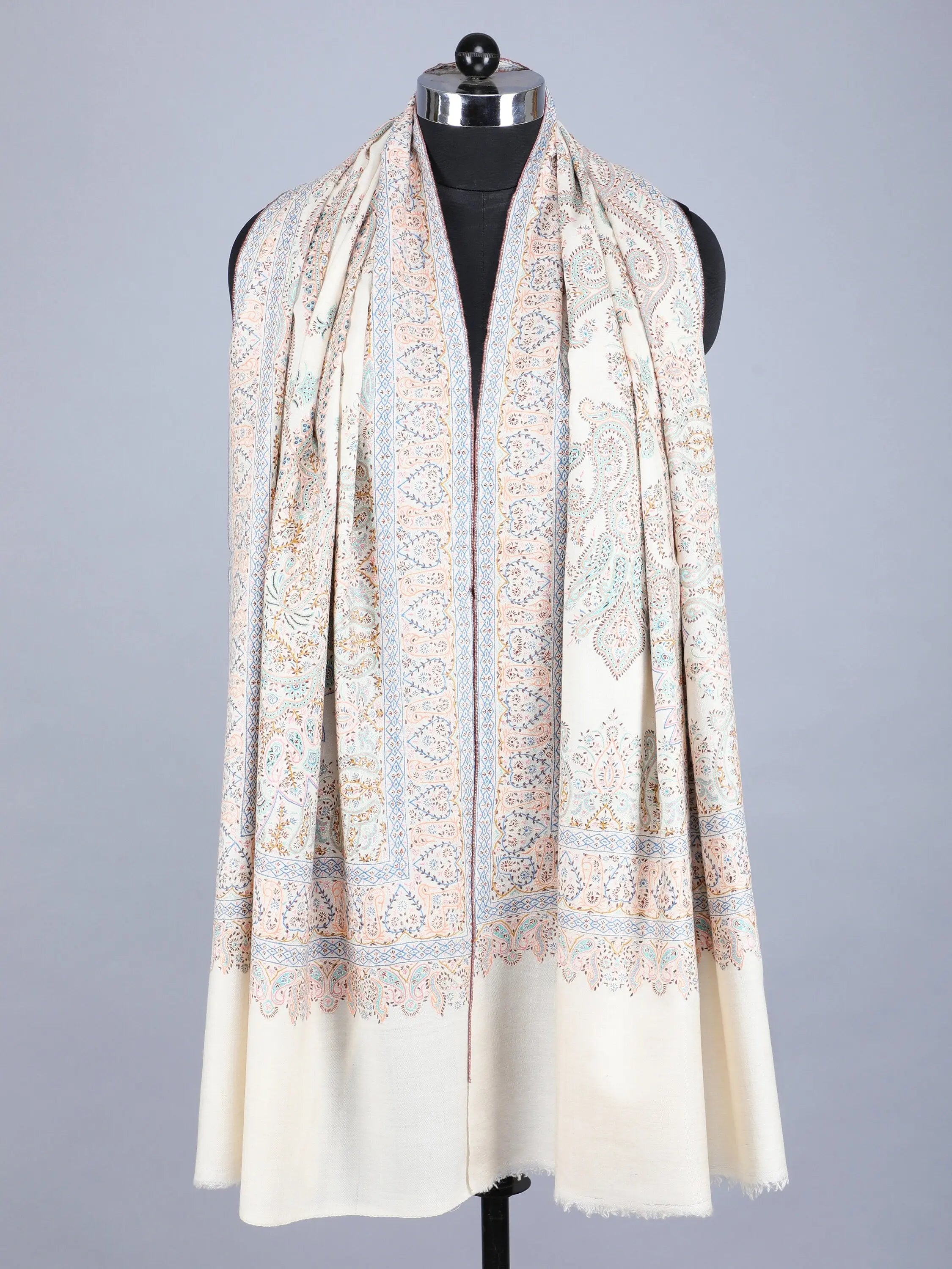 Exquisite Very Fine Sozni Pure Pashmina Shawl Scarf Wrap Jama, from Kashmir Shahkaar