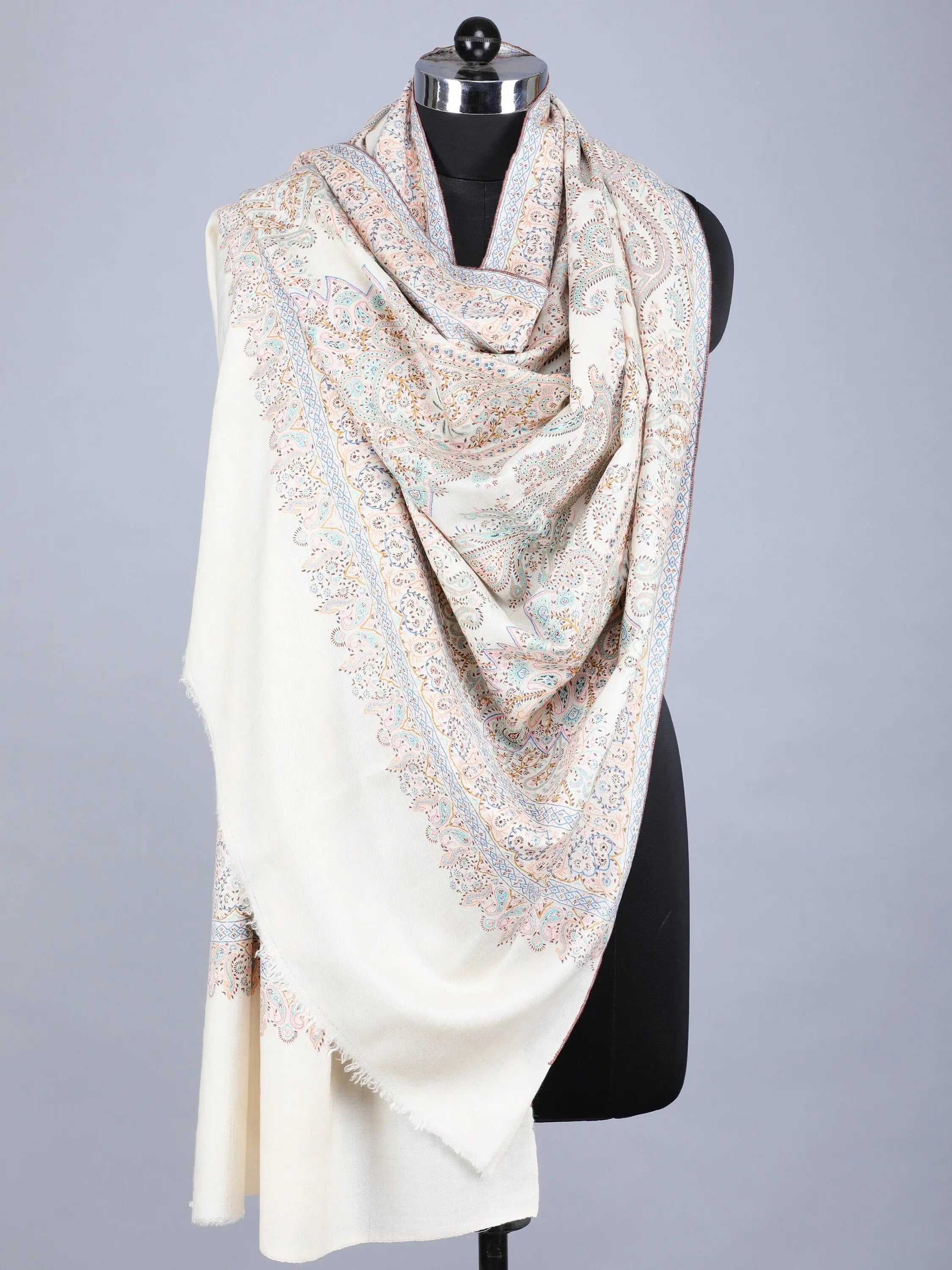 Exquisite Very Fine Sozni Pure Pashmina Shawl Scarf Wrap Jama, from Kashmir Shahkaar