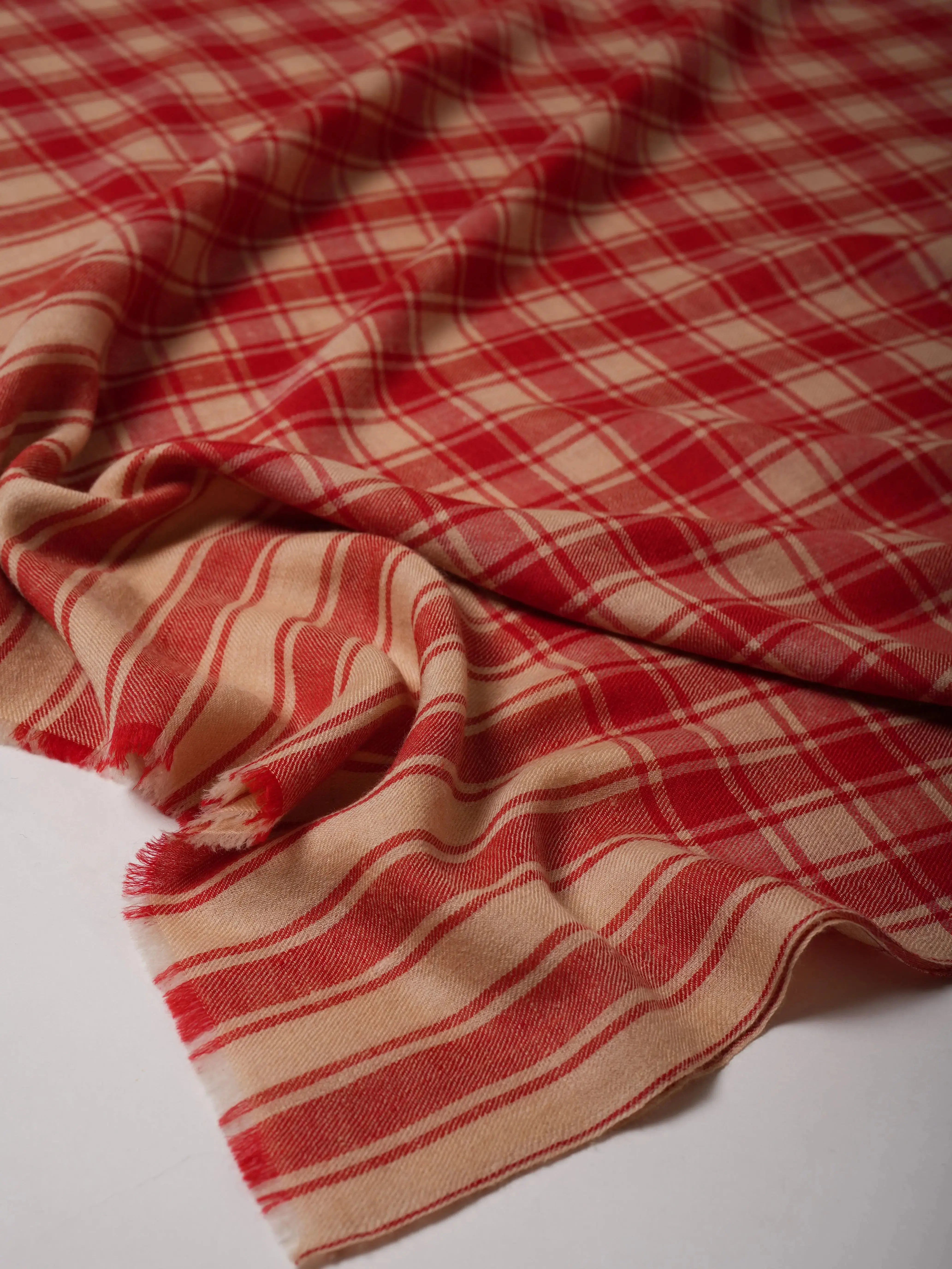 Featherlight Handwoven Shawl in Red Beige Checks Shahkaar