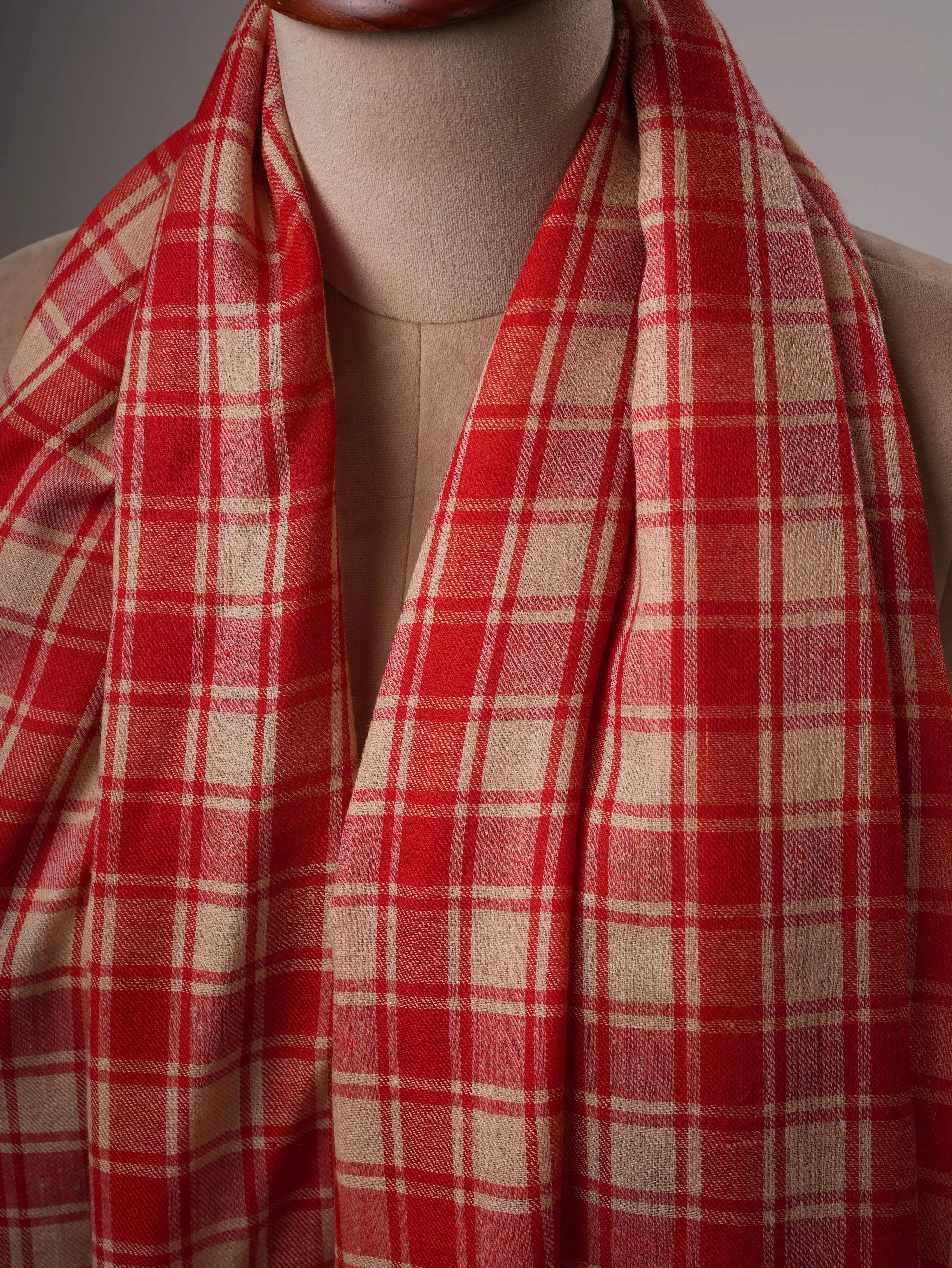 Featherlight Handwoven Shawl in Red Beige Checks Shahkaar