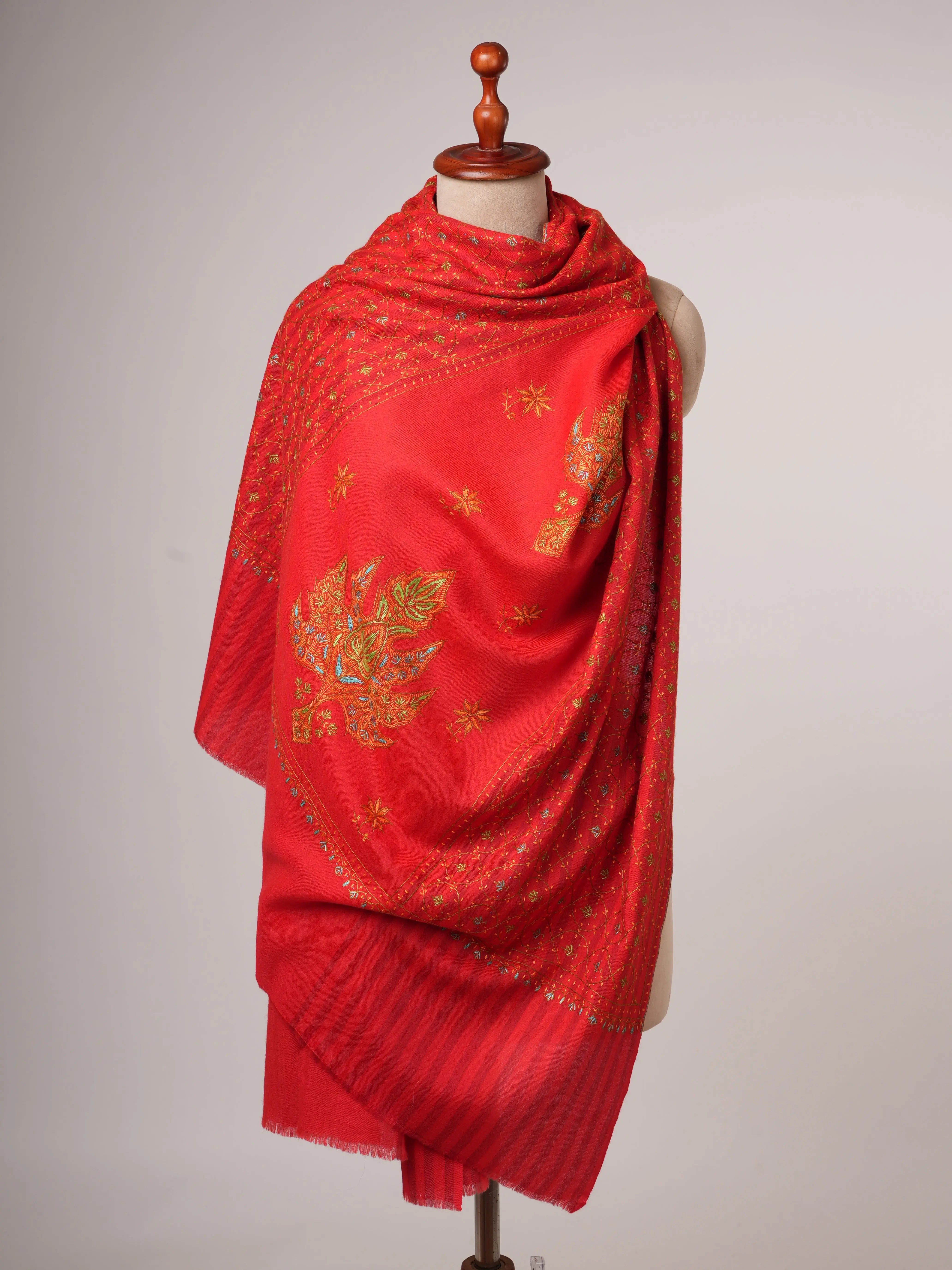 Fine Red Wool Kashmiri Shawl with Hand Embroidery Shahkaar