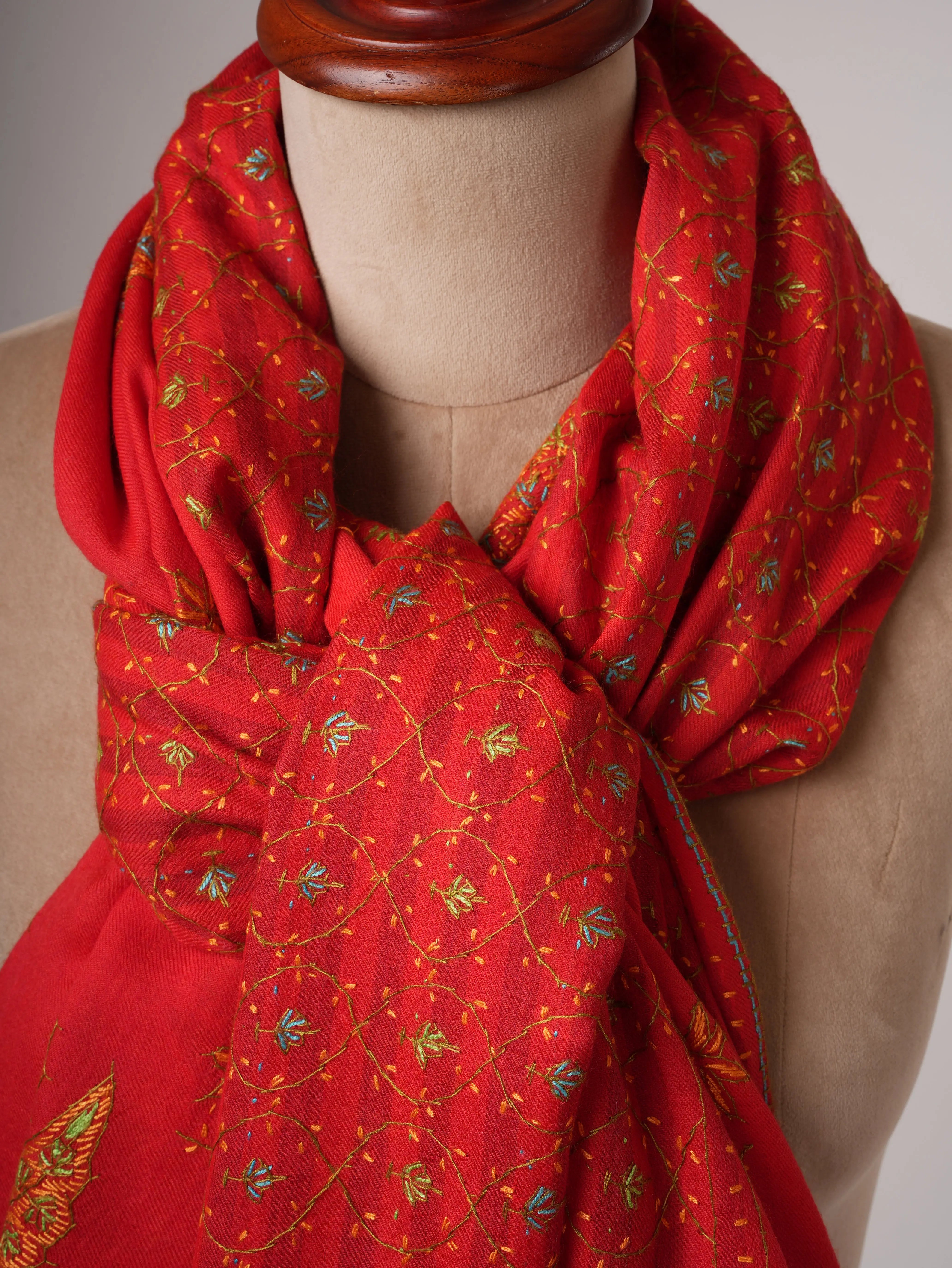 Fine Red Wool Kashmiri Shawl with Hand Embroidery Shahkaar