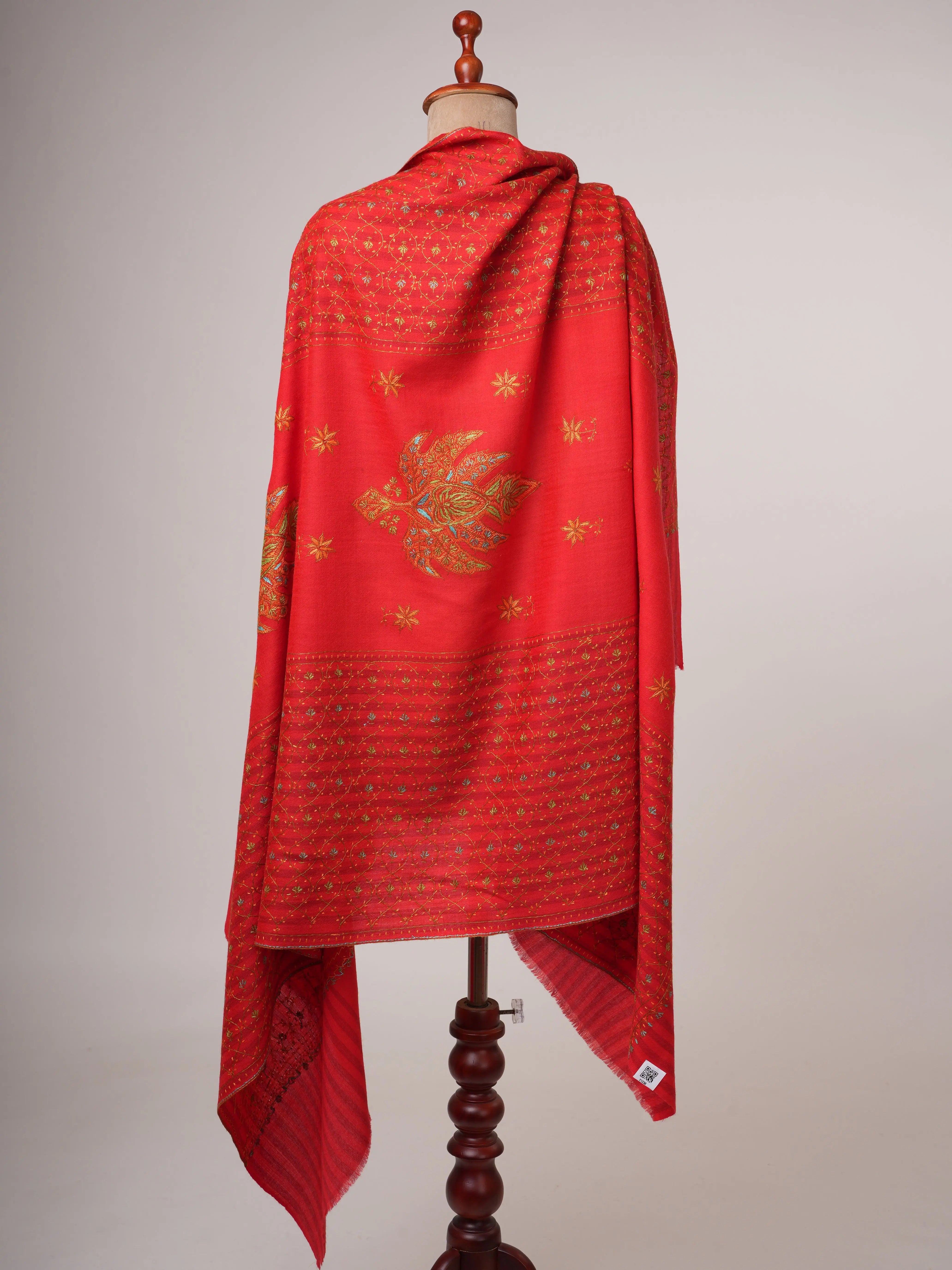 Fine Red Wool Kashmiri Shawl with Hand Embroidery Shahkaar