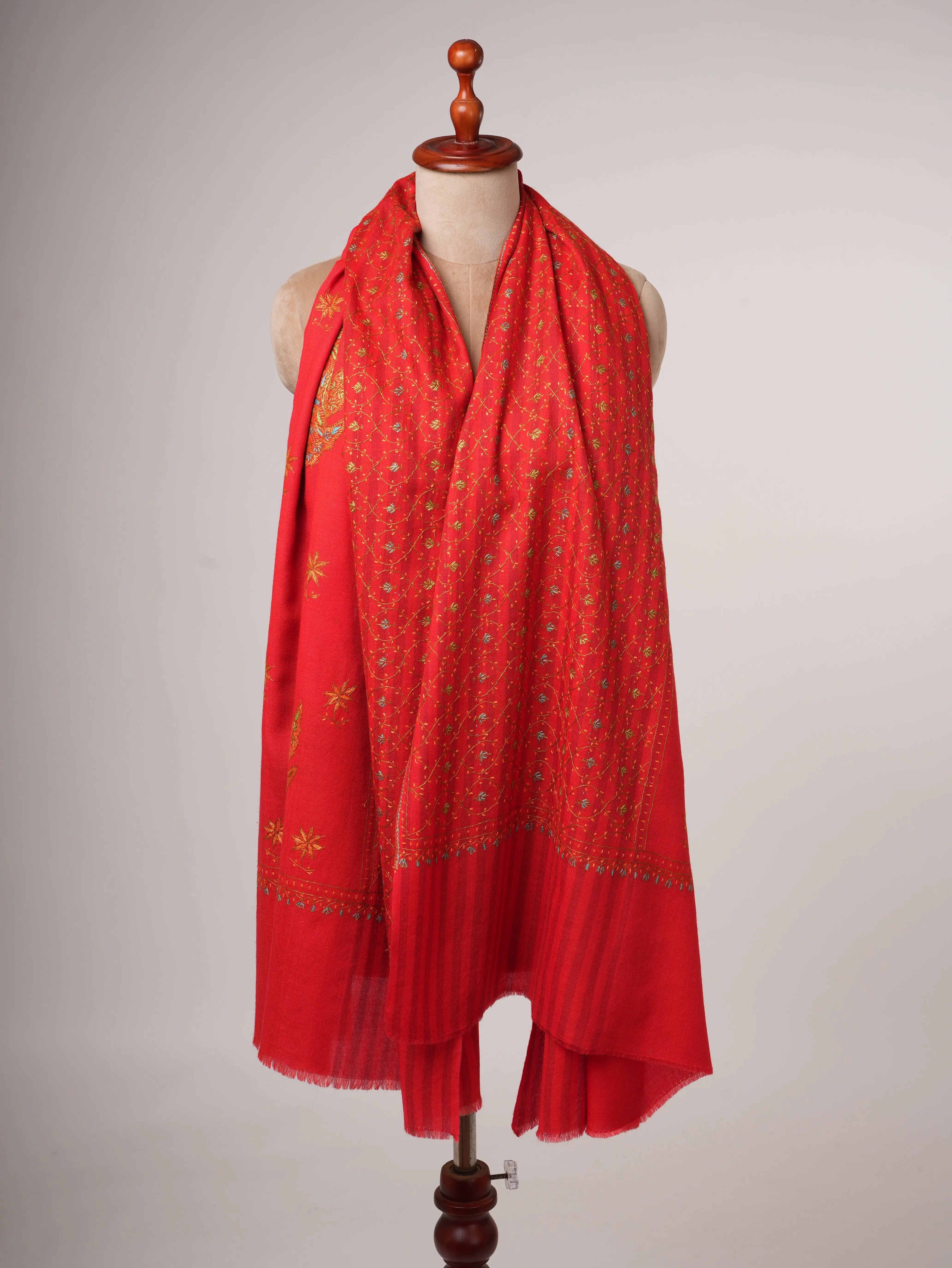 Fine Red Wool Kashmiri Shawl with Hand Embroidery Shahkaar