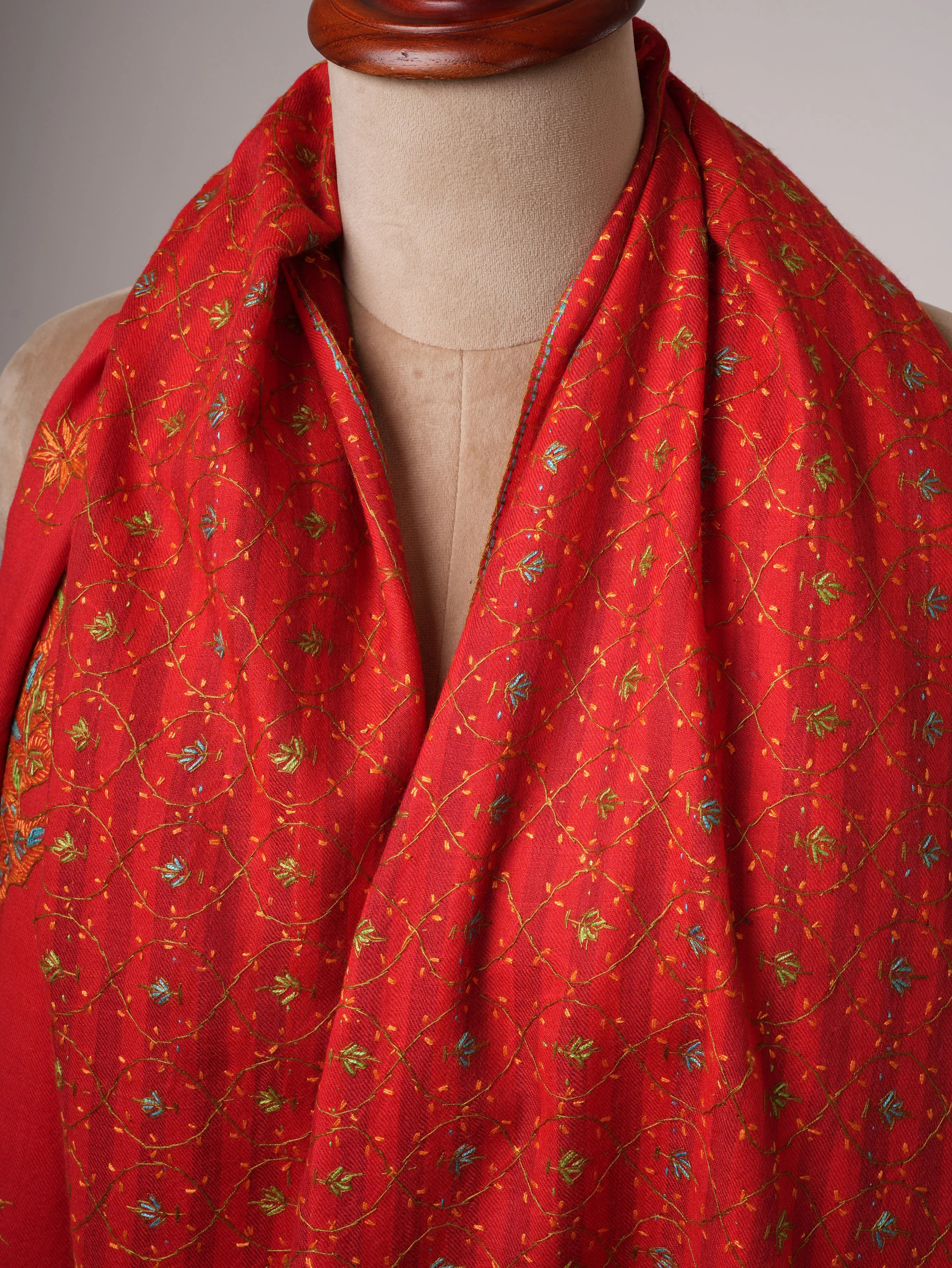 Fine Red Wool Kashmiri Shawl with Hand Embroidery Shahkaar