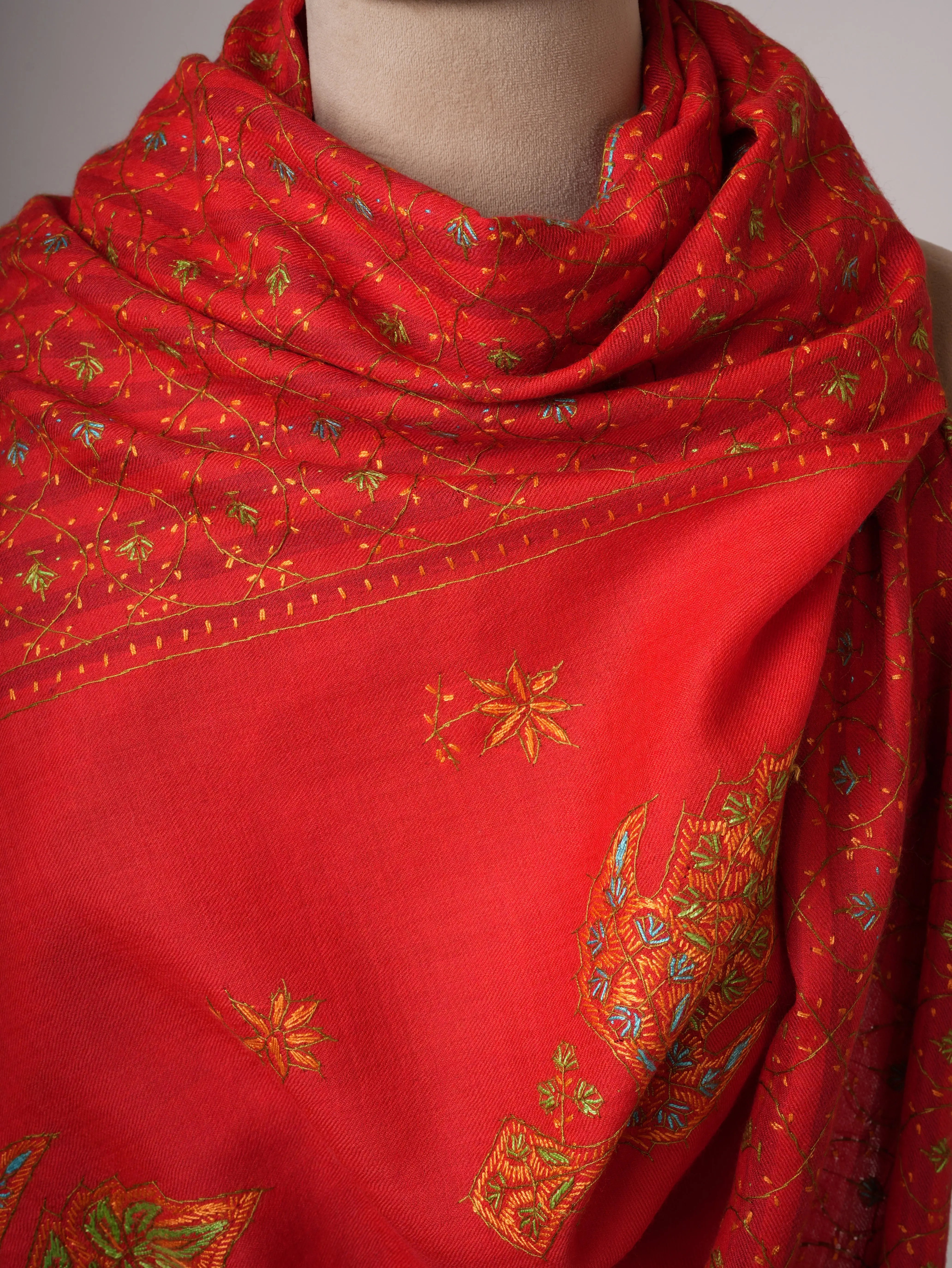 Fine Red Wool Kashmiri Shawl with Hand Embroidery Shahkaar