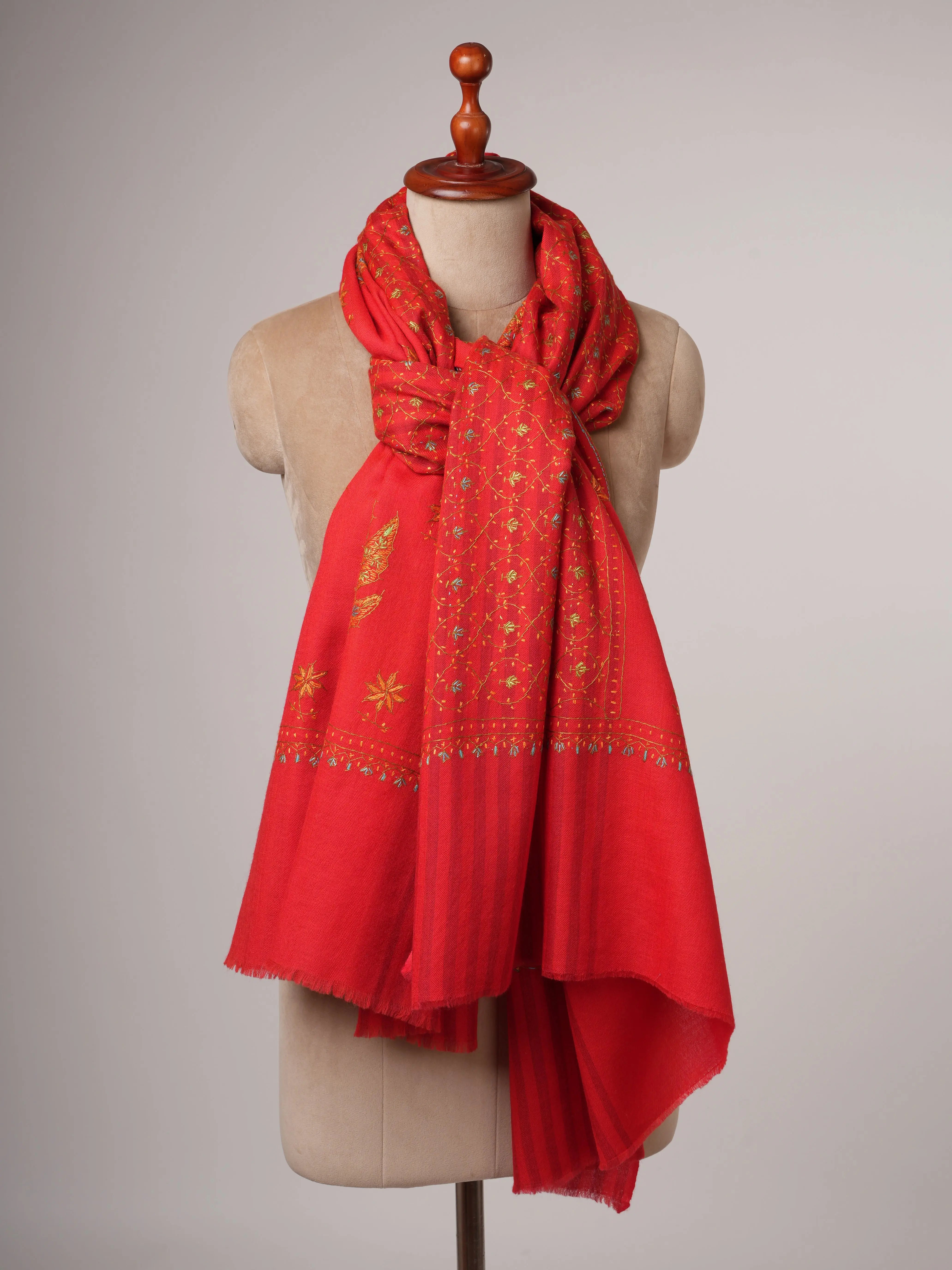 Fine Red Wool Kashmiri Shawl with Hand Embroidery Shahkaar