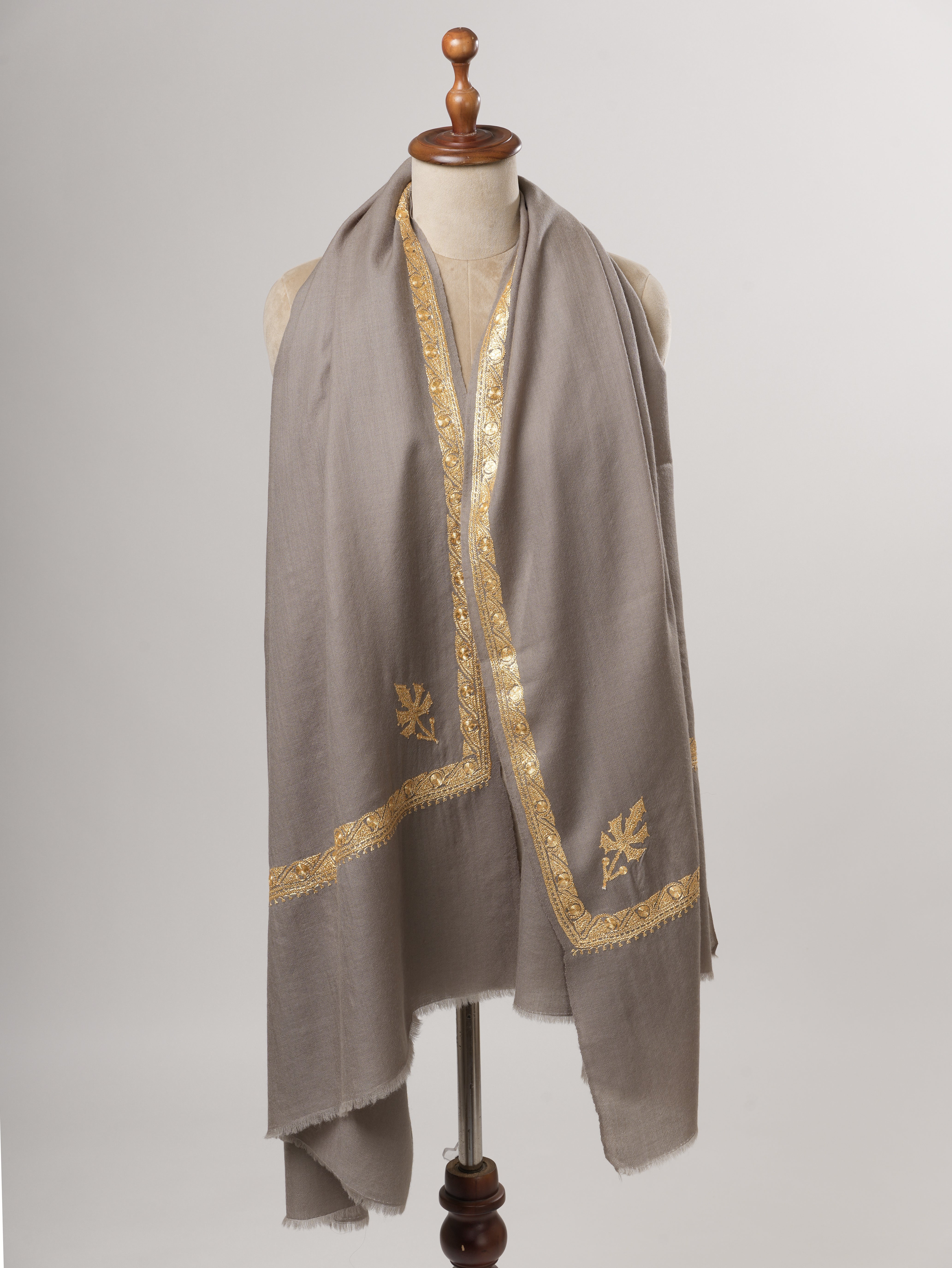 Fine Wool Grey Shawl with Hashia Hand Tilla Embroidery Shahkaar