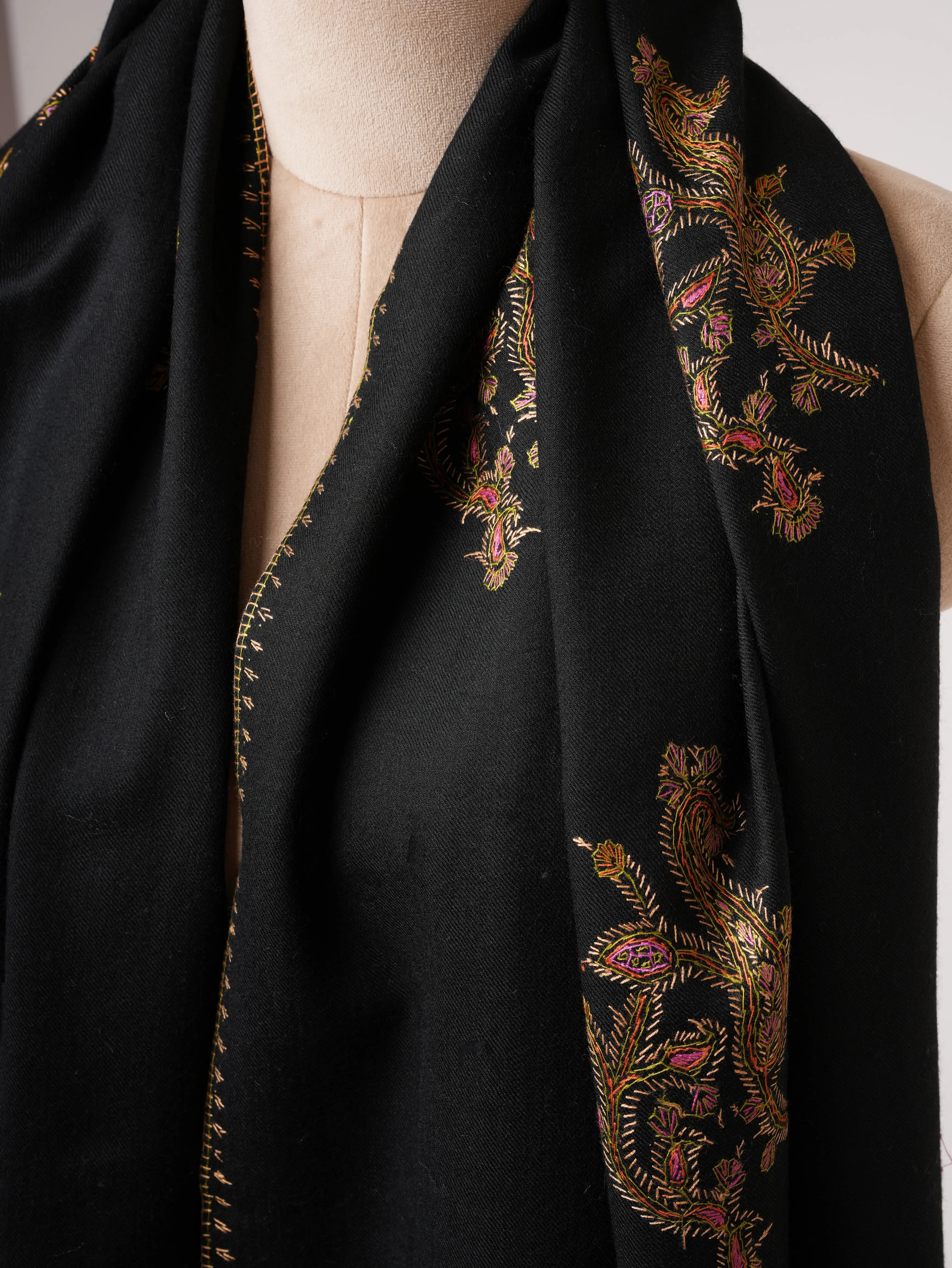 Fine Wool Shawl in Black with Traditional Hand Embroidery Shahkaar