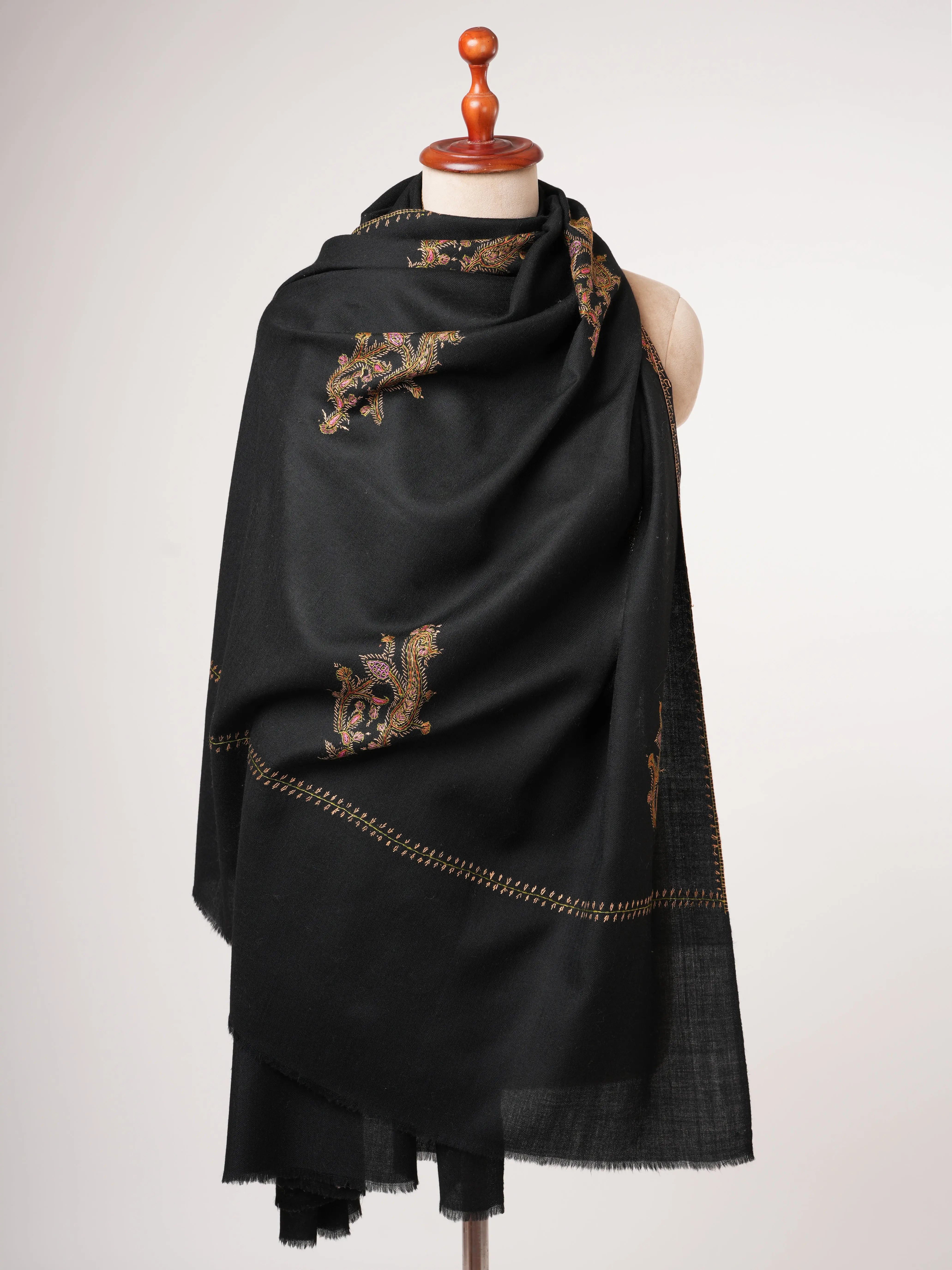 Fine Wool Shawl in Black with Traditional Hand Embroidery Shahkaar