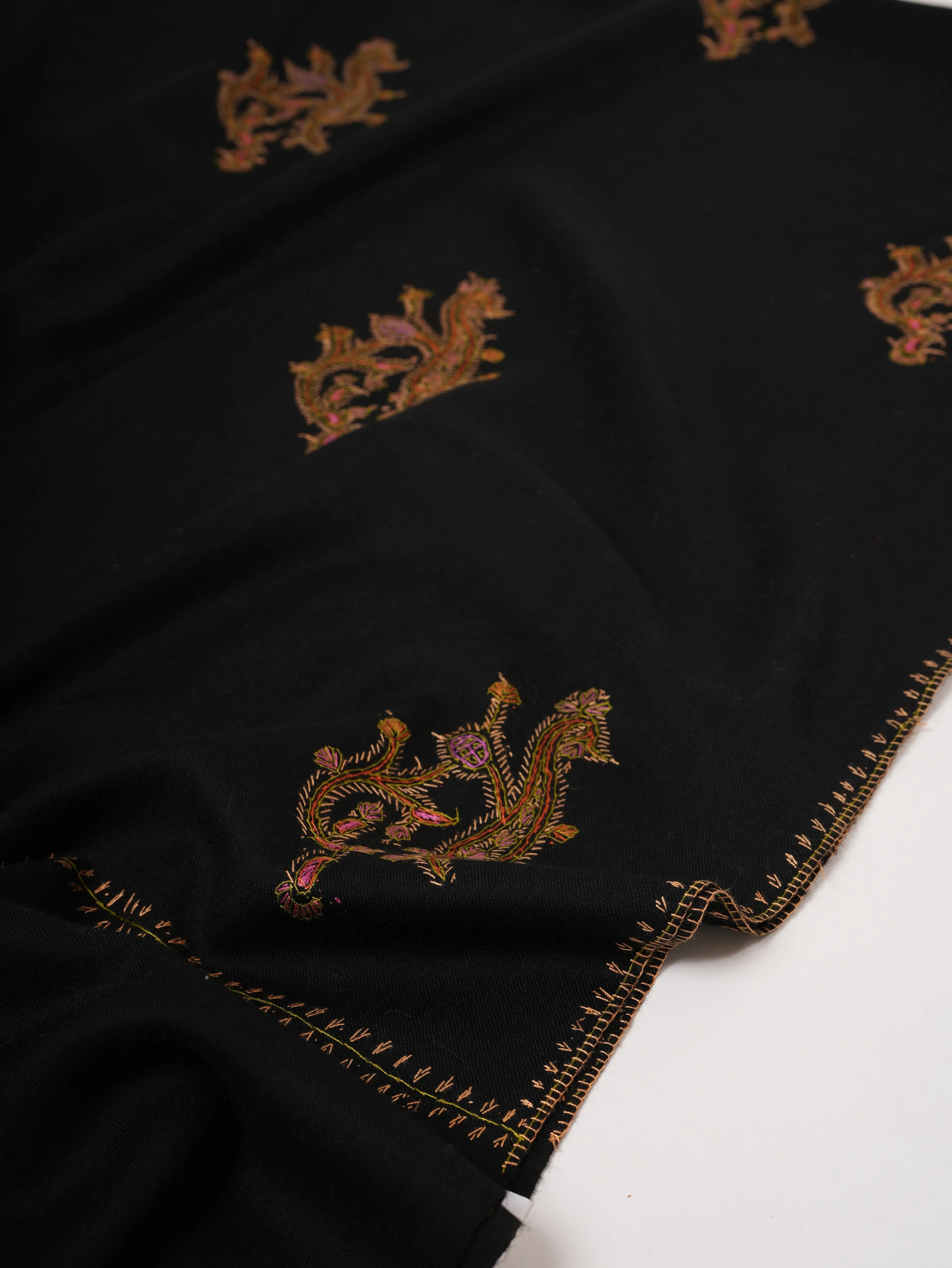 Fine Wool Shawl in Black with Traditional Hand Embroidery Shahkaar