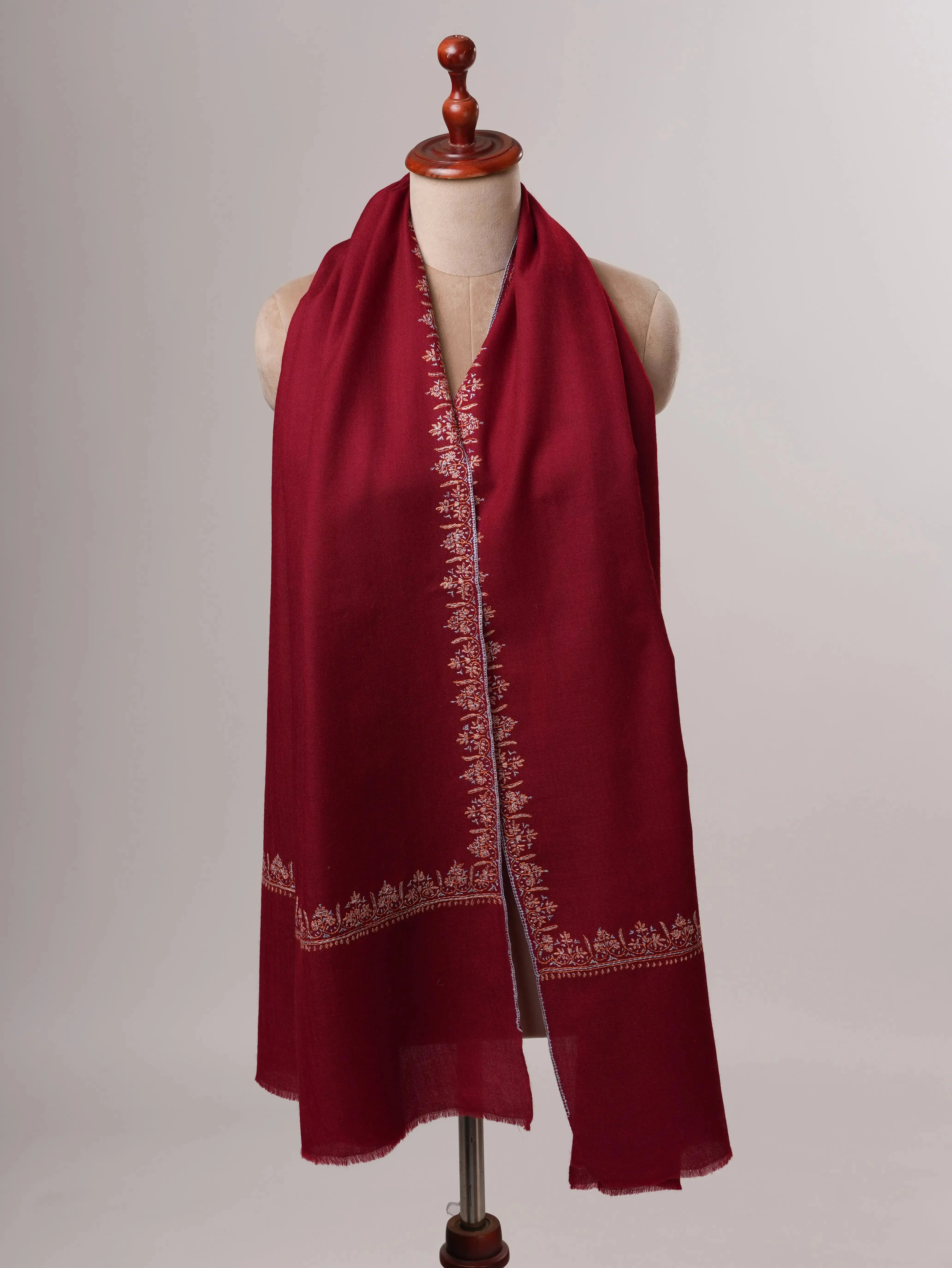 Fine Wool Shawl in Maroon with Hashia Hand Embroidery Shahkaar