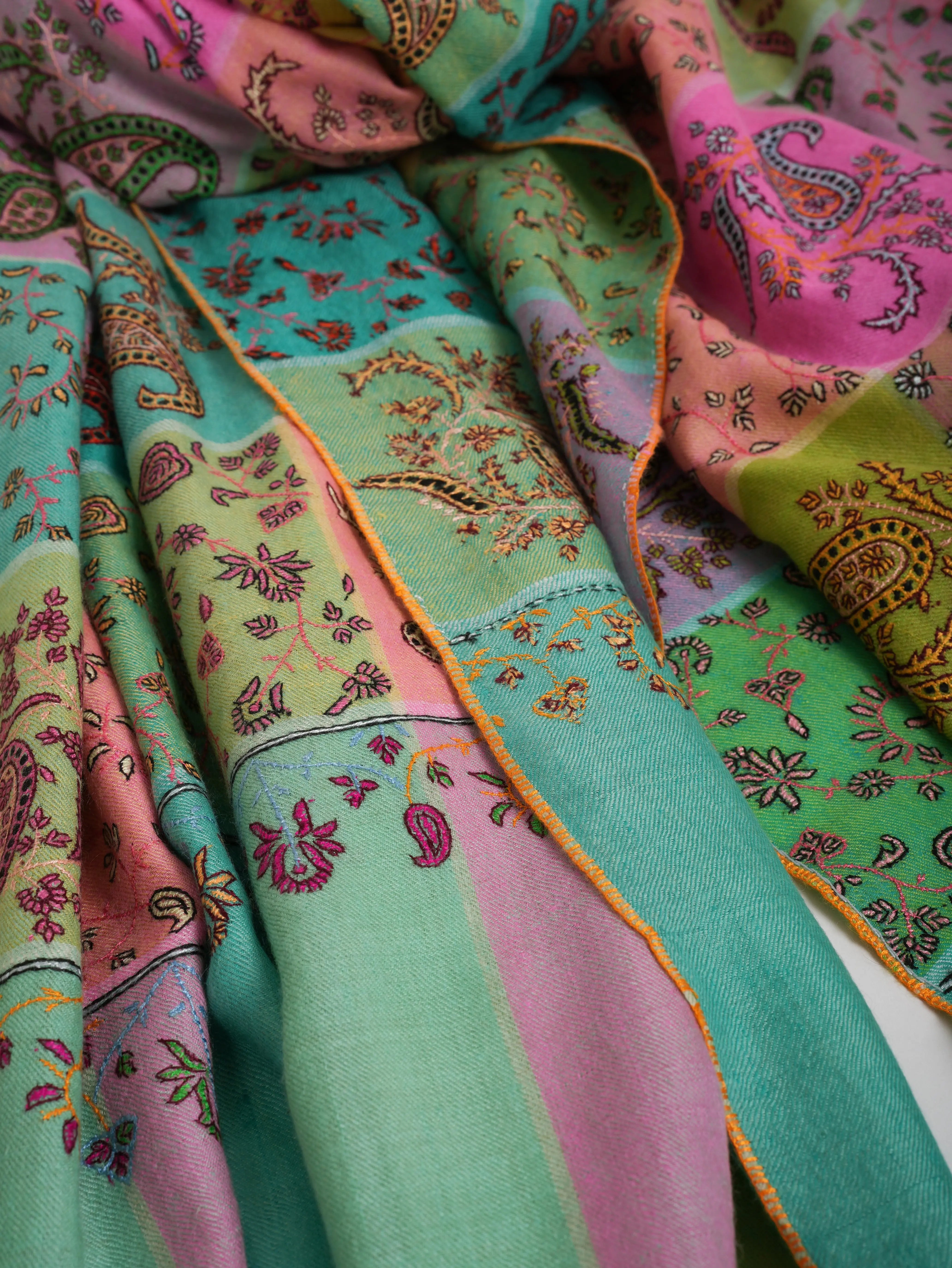 Five Color Stripe Pashmina Shawl with Hand Embroidery Shahkaar