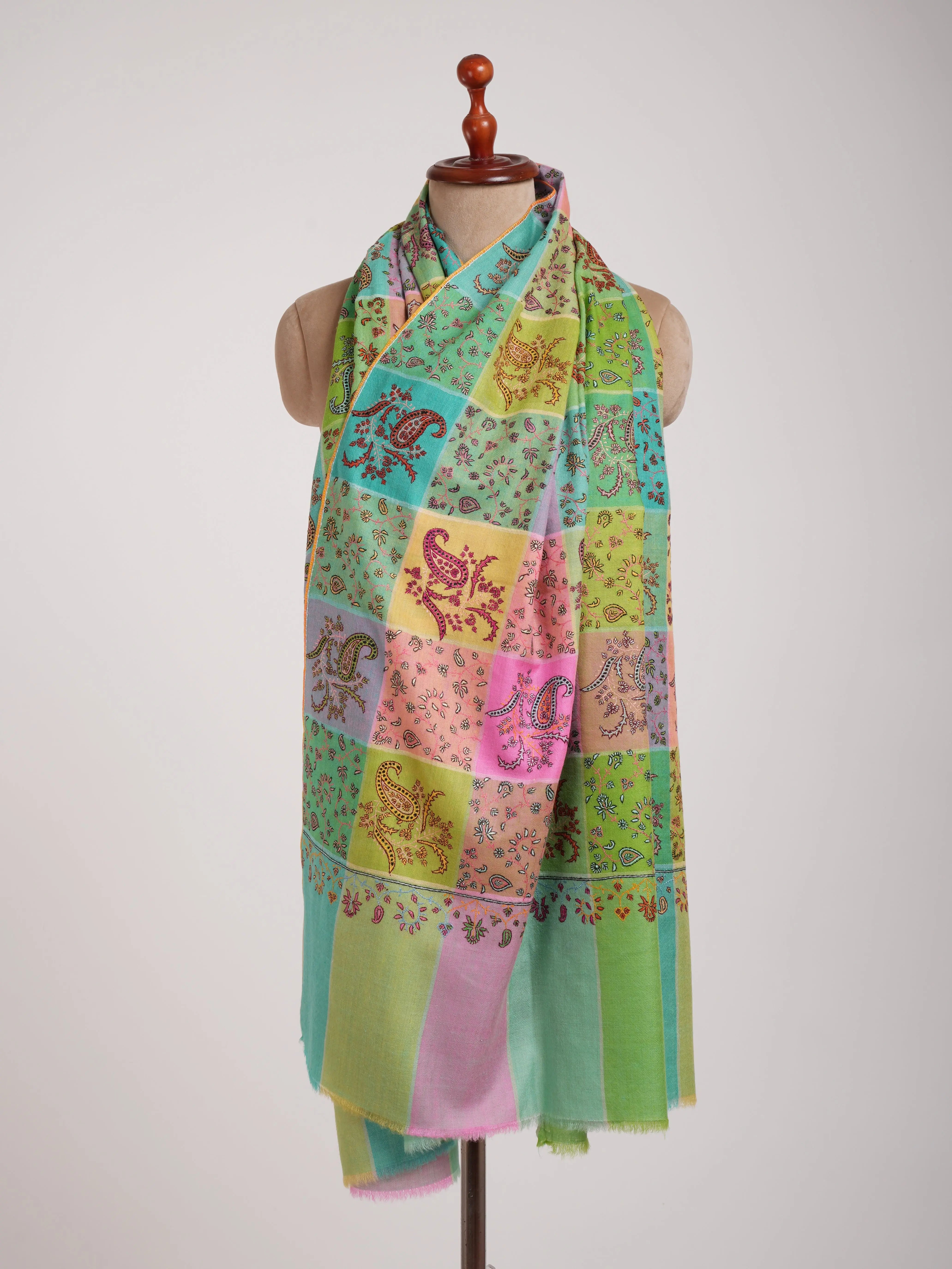 Five Color Stripe Pashmina Shawl with Hand Embroidery Shahkaar