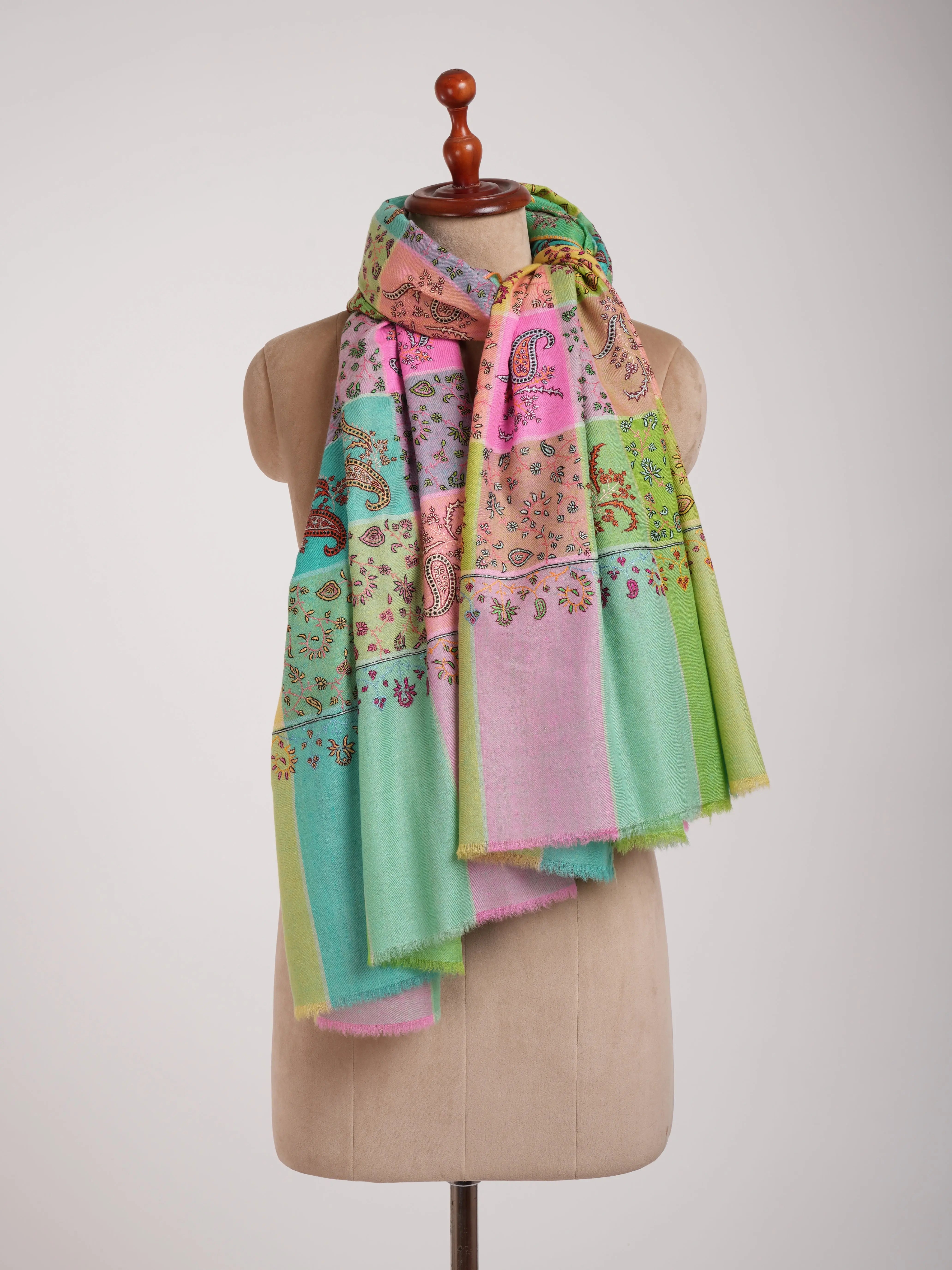 Five Color Stripe Pashmina Shawl with Hand Embroidery Shahkaar