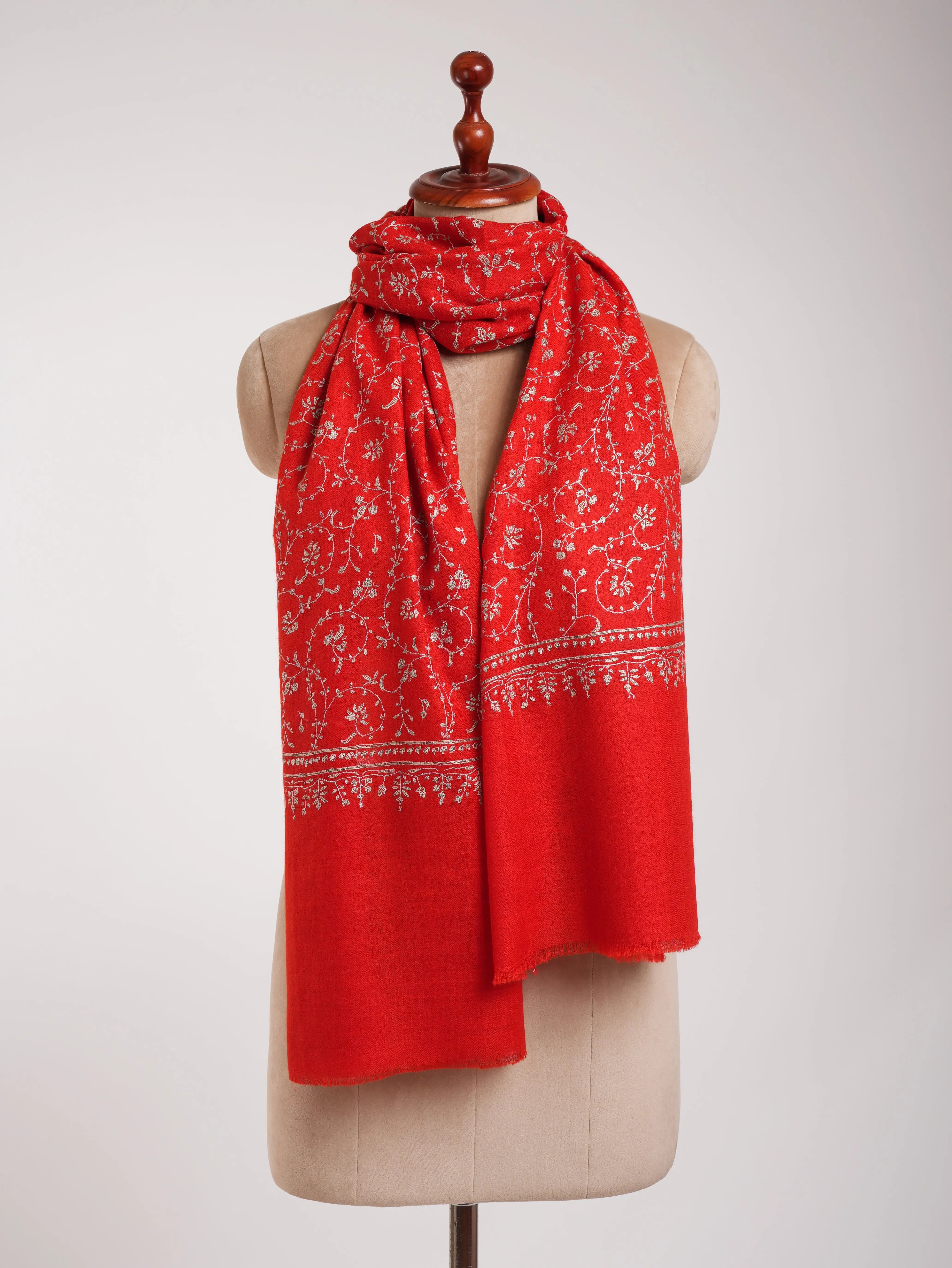 Flame Scarlet Hand Embroidered Cashmere Wedding Scarf Shahkaar