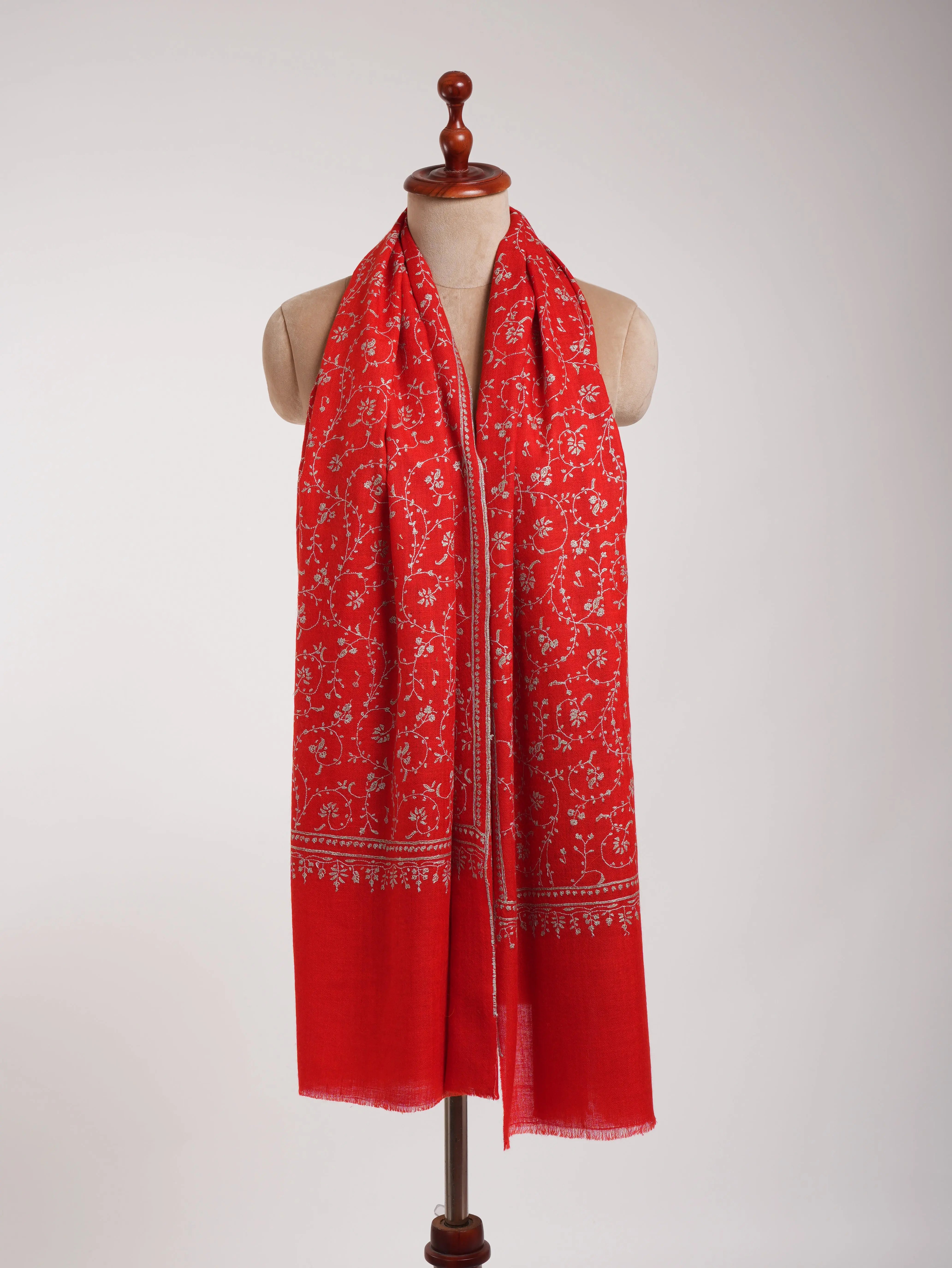 Flame Scarlet Hand Embroidered Cashmere Wedding Scarf Shahkaar