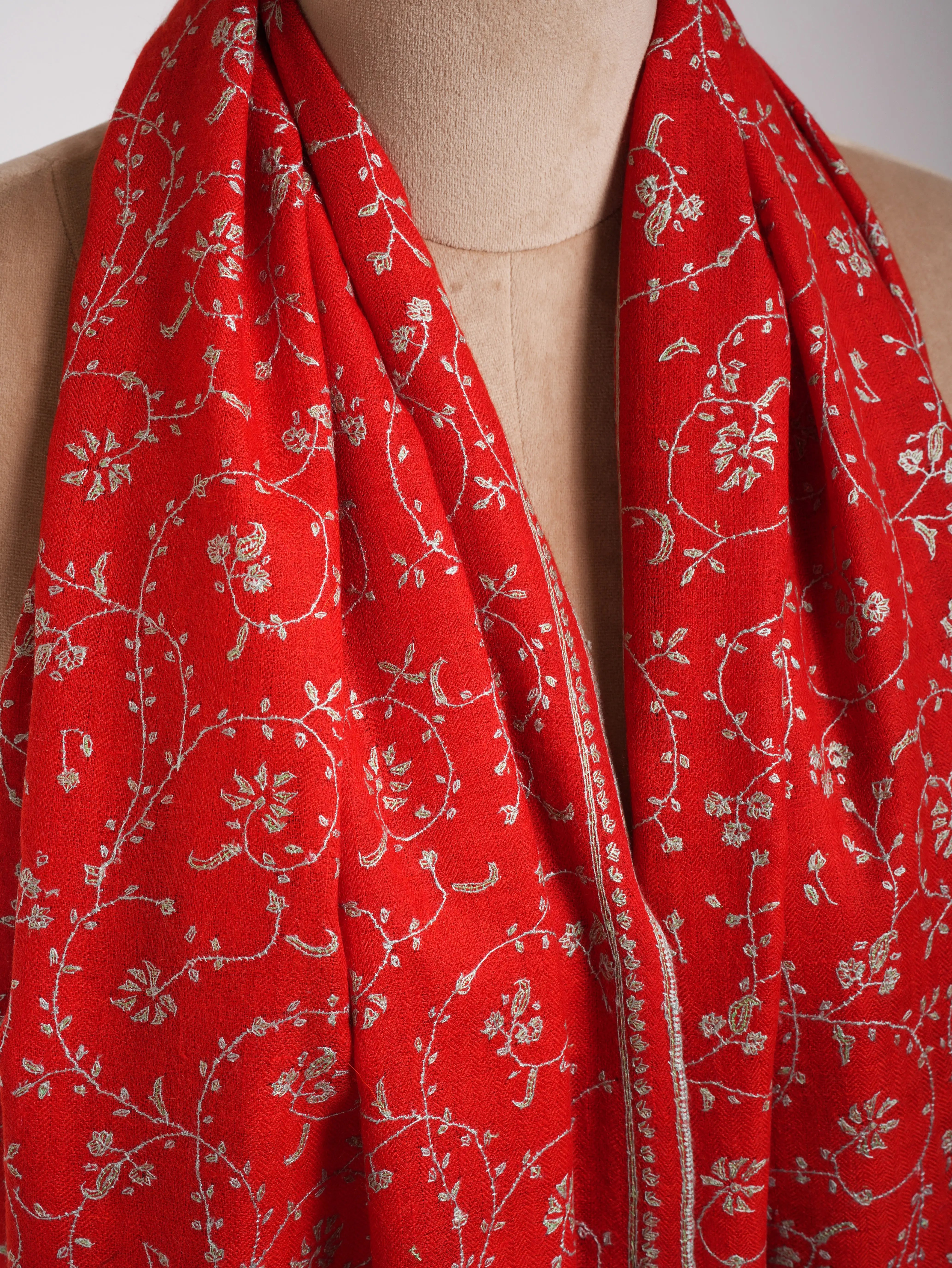 Flame Scarlet Hand Embroidered Cashmere Wedding Scarf Shahkaar