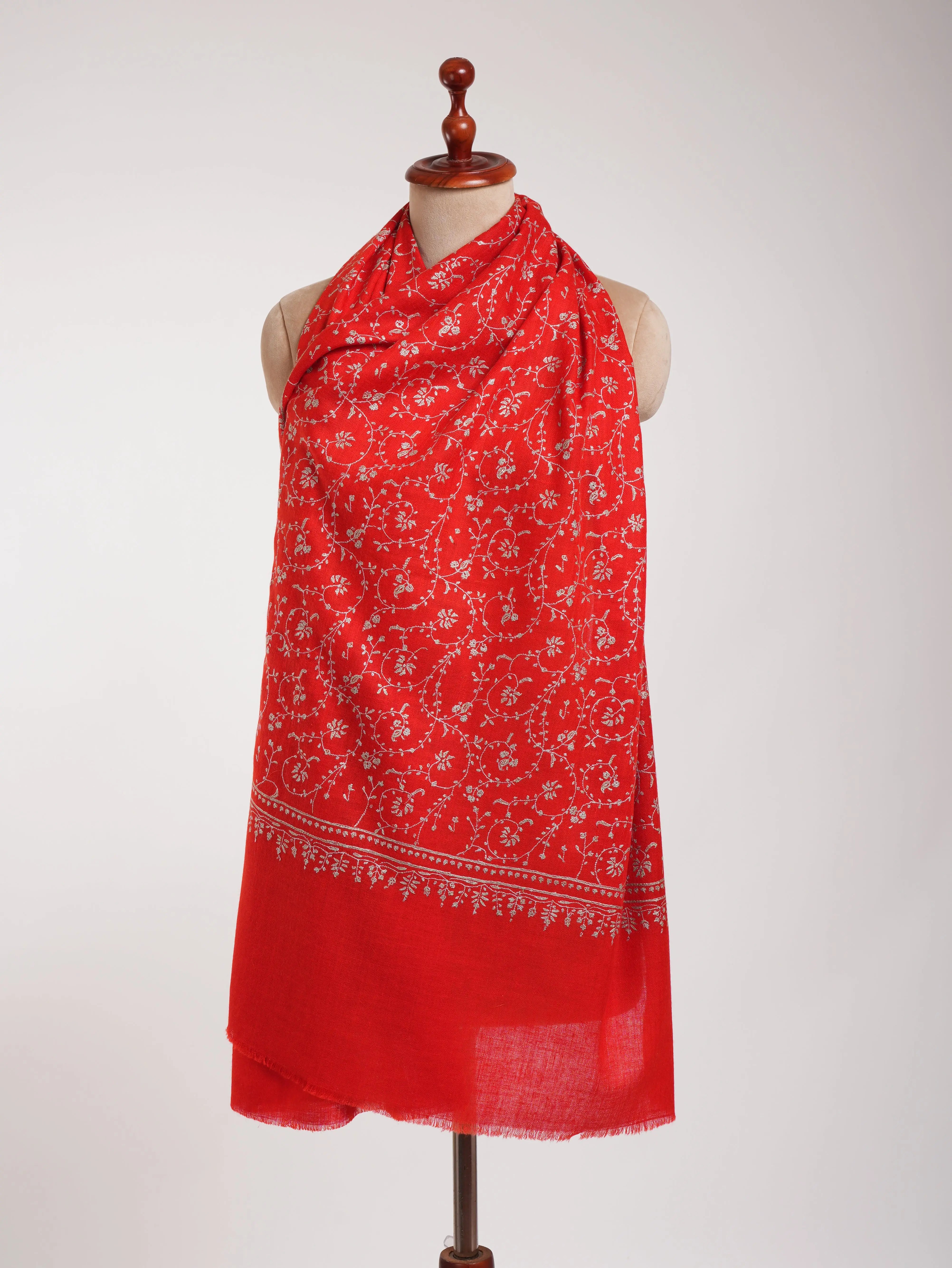Flame Scarlet Hand Embroidered Cashmere Wedding Scarf Shahkaar