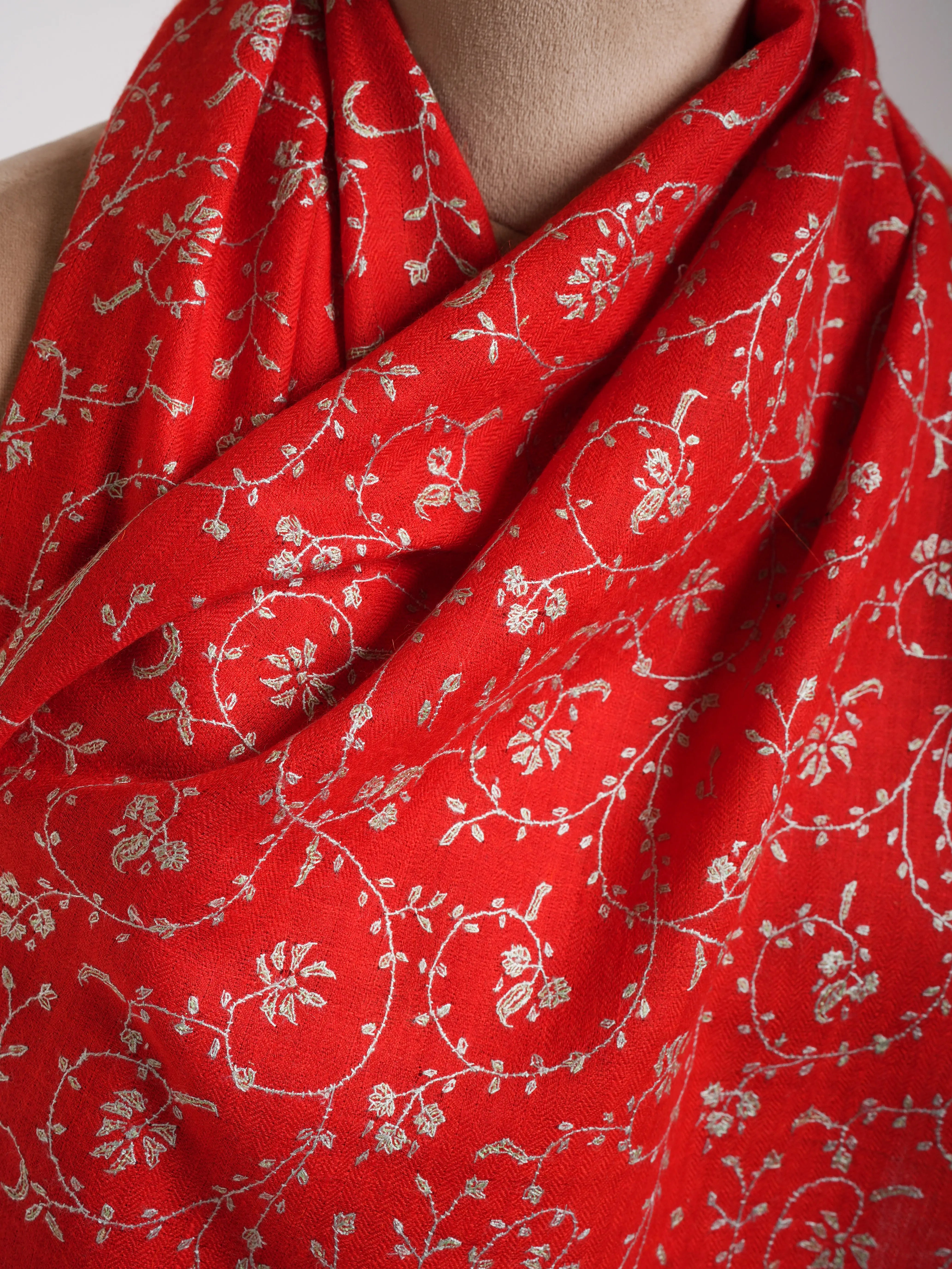 Flame Scarlet Hand Embroidered Cashmere Wedding Scarf Shahkaar