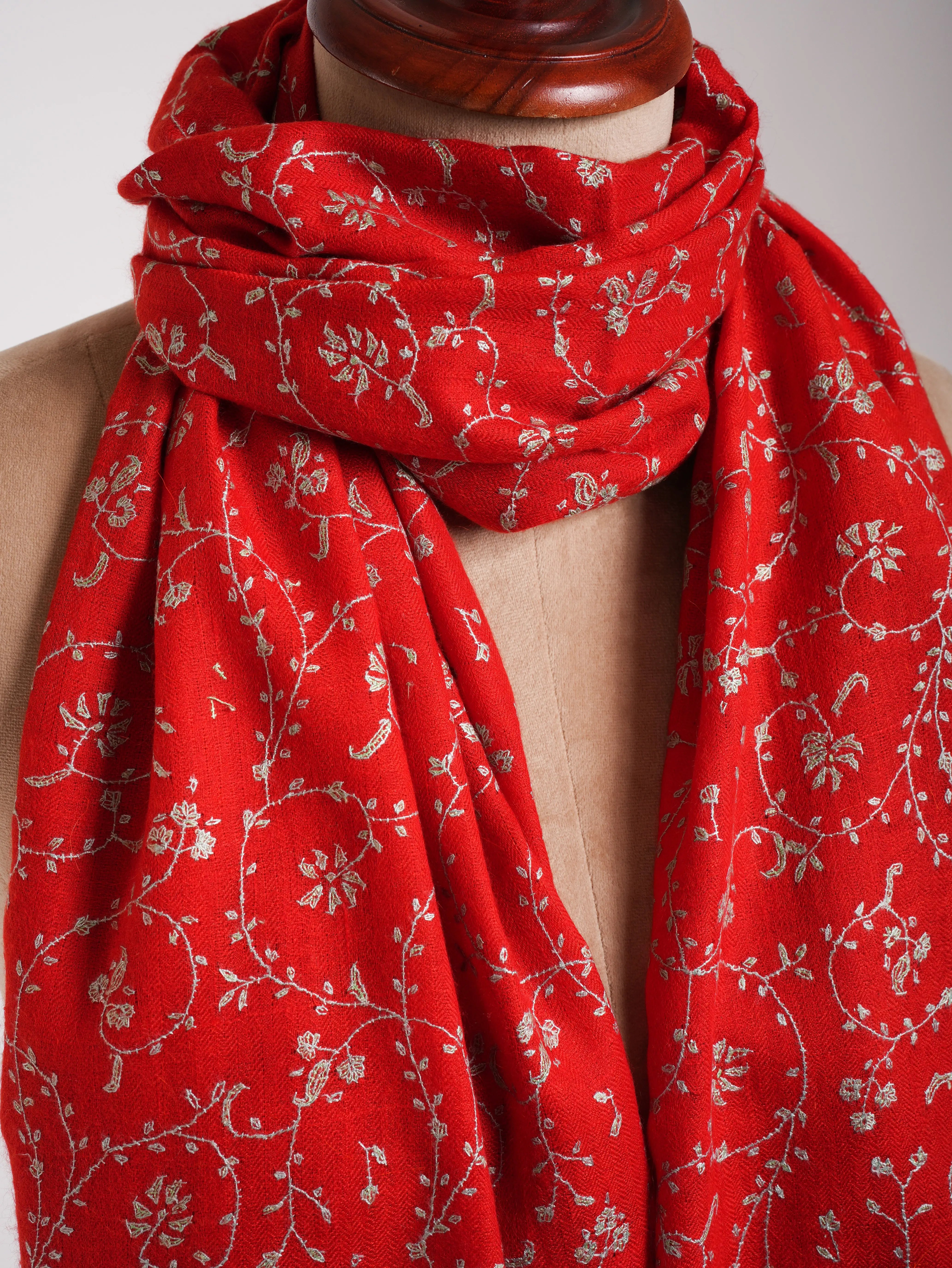 Flame Scarlet Hand Embroidered Cashmere Wedding Scarf Shahkaar
