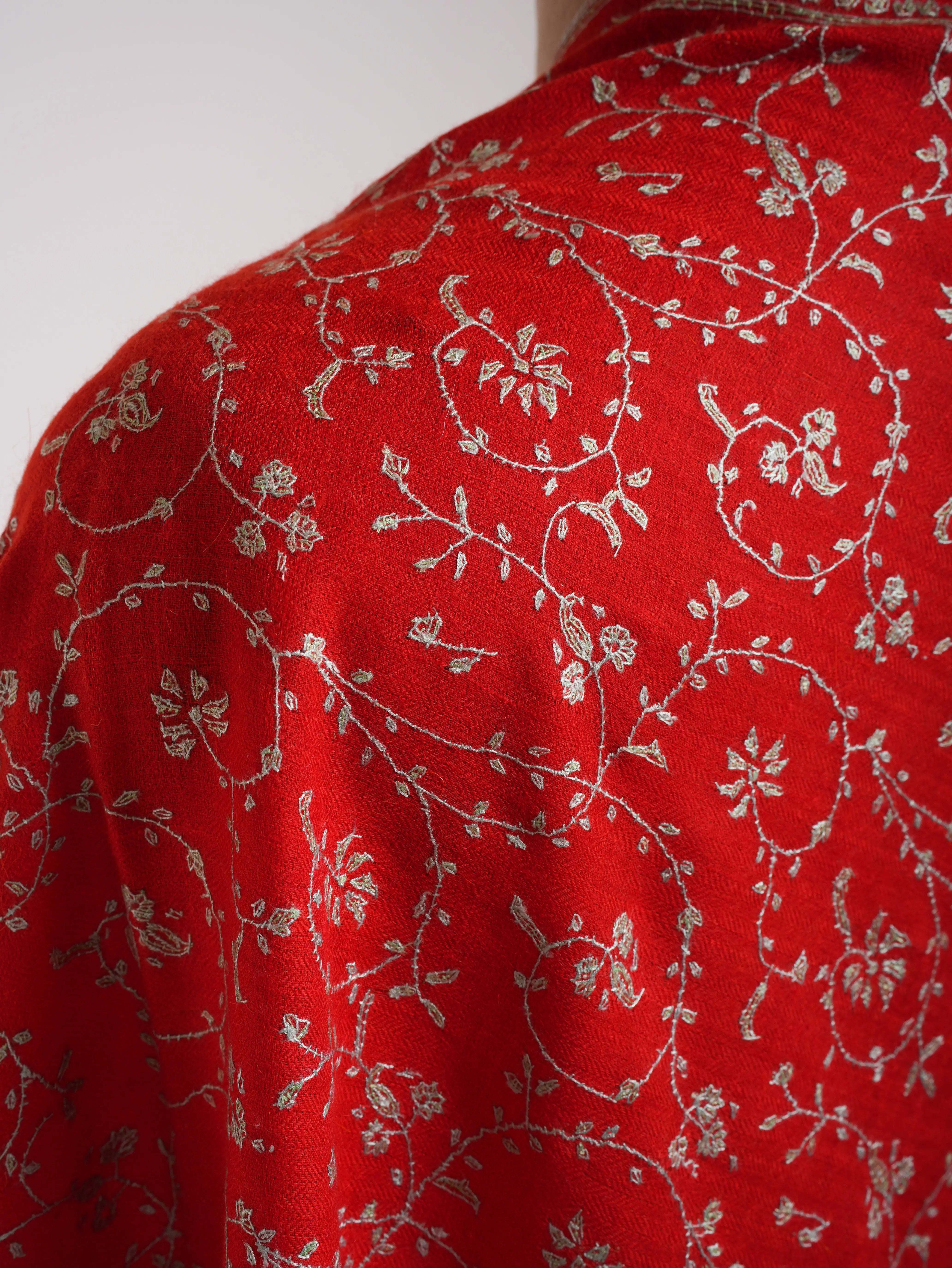 Flame Scarlet Hand Embroidered Cashmere Wedding Scarf Shahkaar