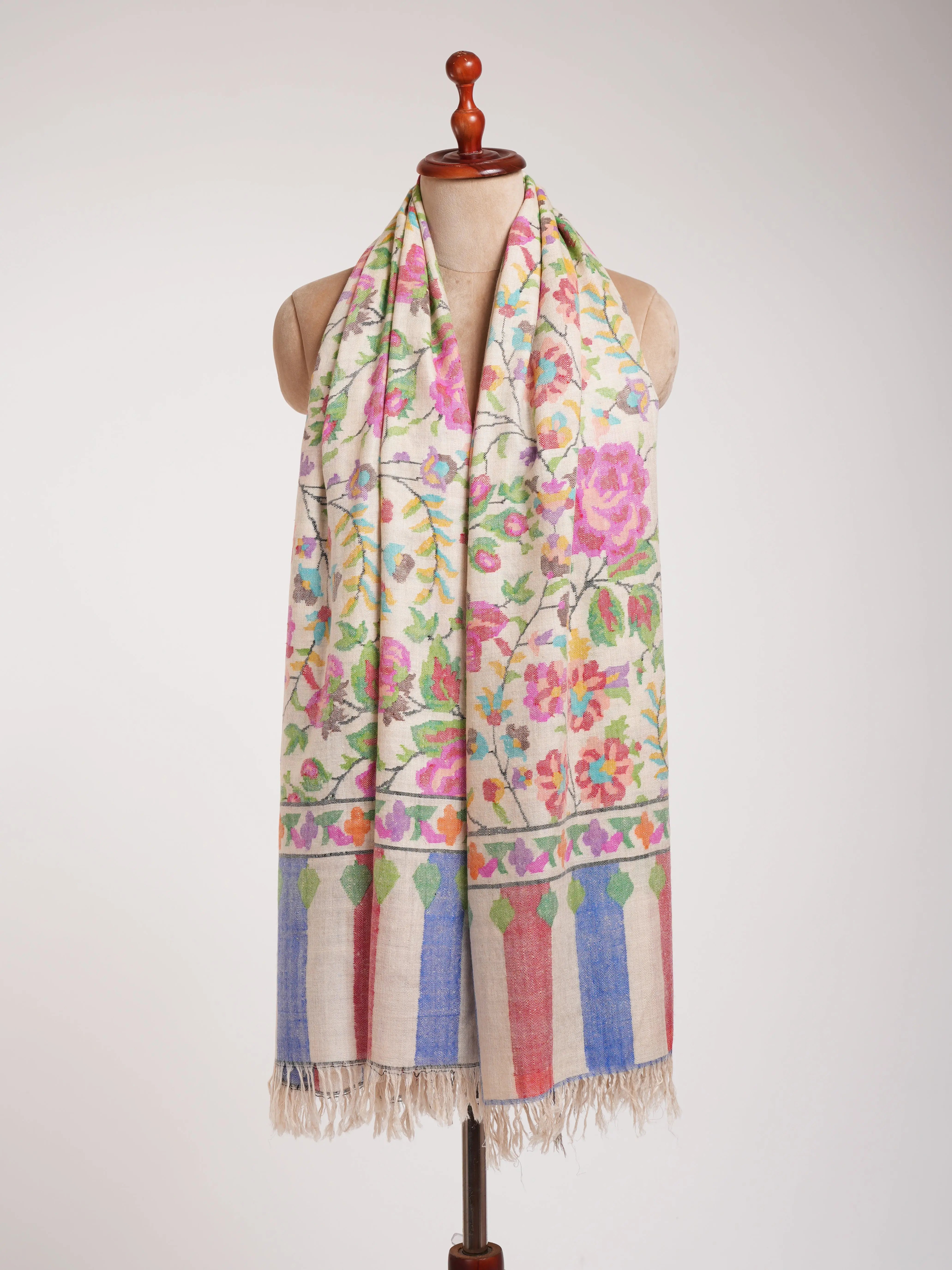 Floral Handwoven White Kani Pashmina Shawl Shahkaar