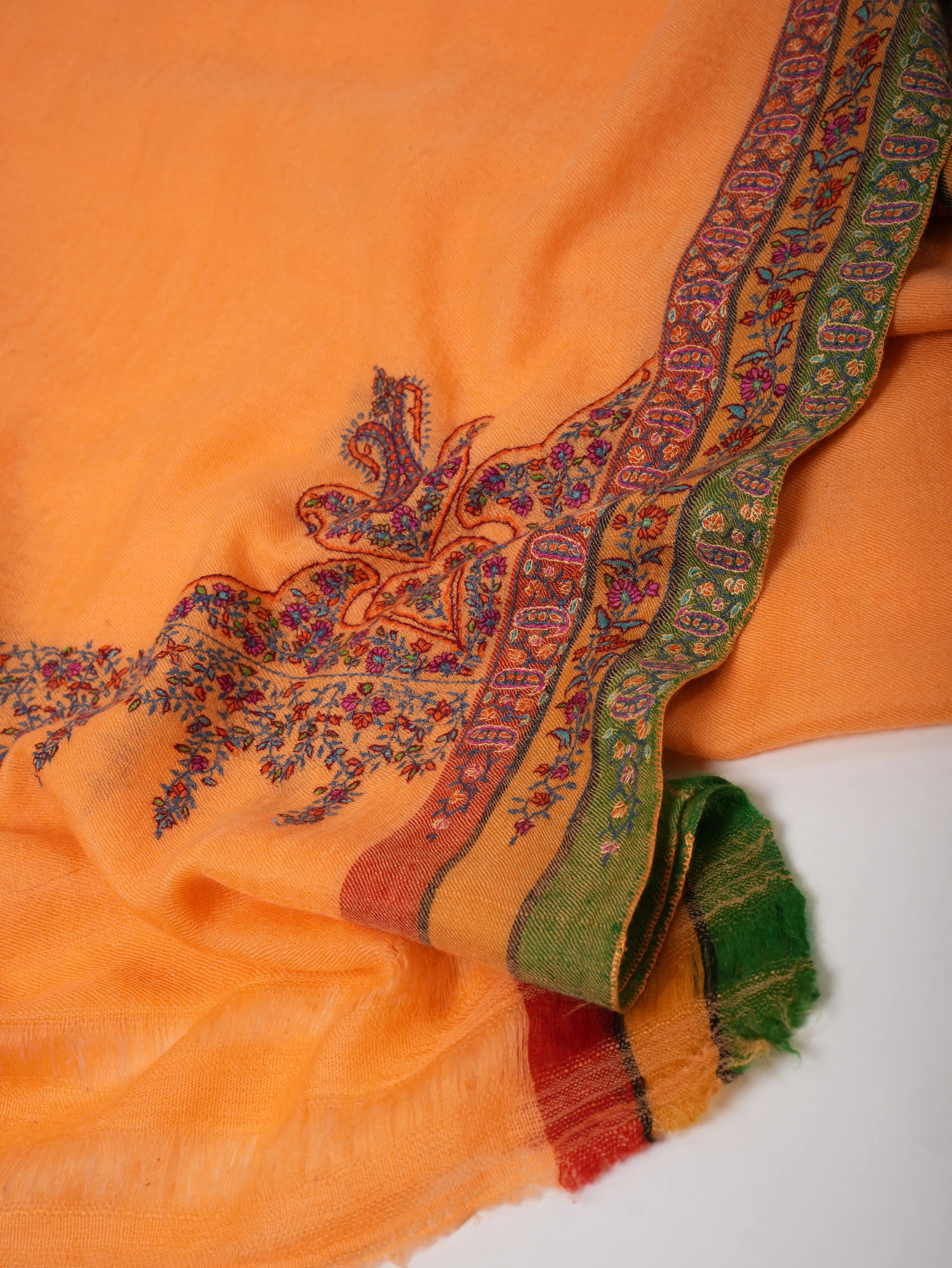 Fresh Orange Featherlight Pashmina Shawl with Hand Embroidery – Soft & Elegant Shahkaar