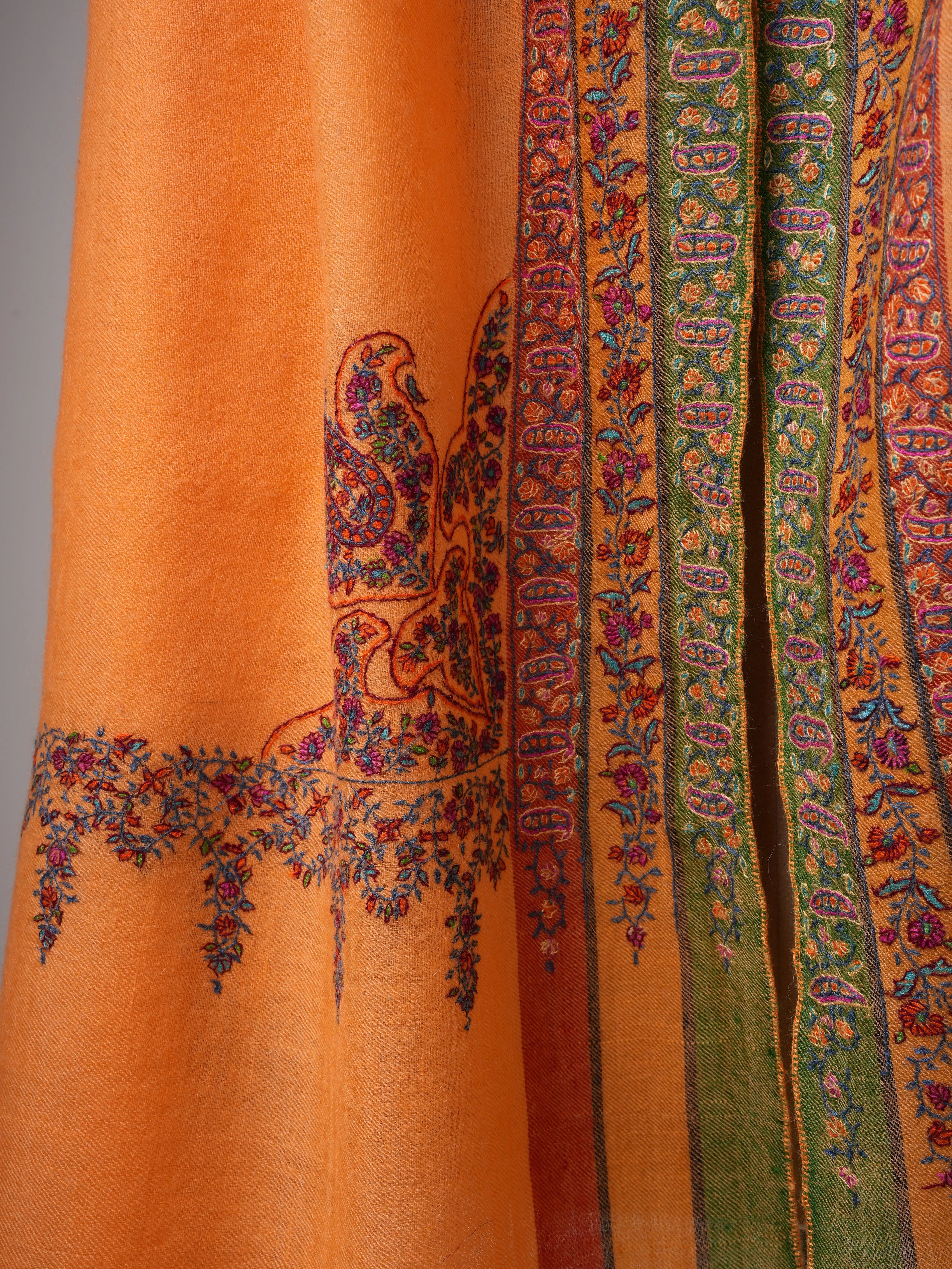 Fresh Orange Featherlight Pashmina Shawl with Hand Embroidery – Soft & Elegant Shahkaar