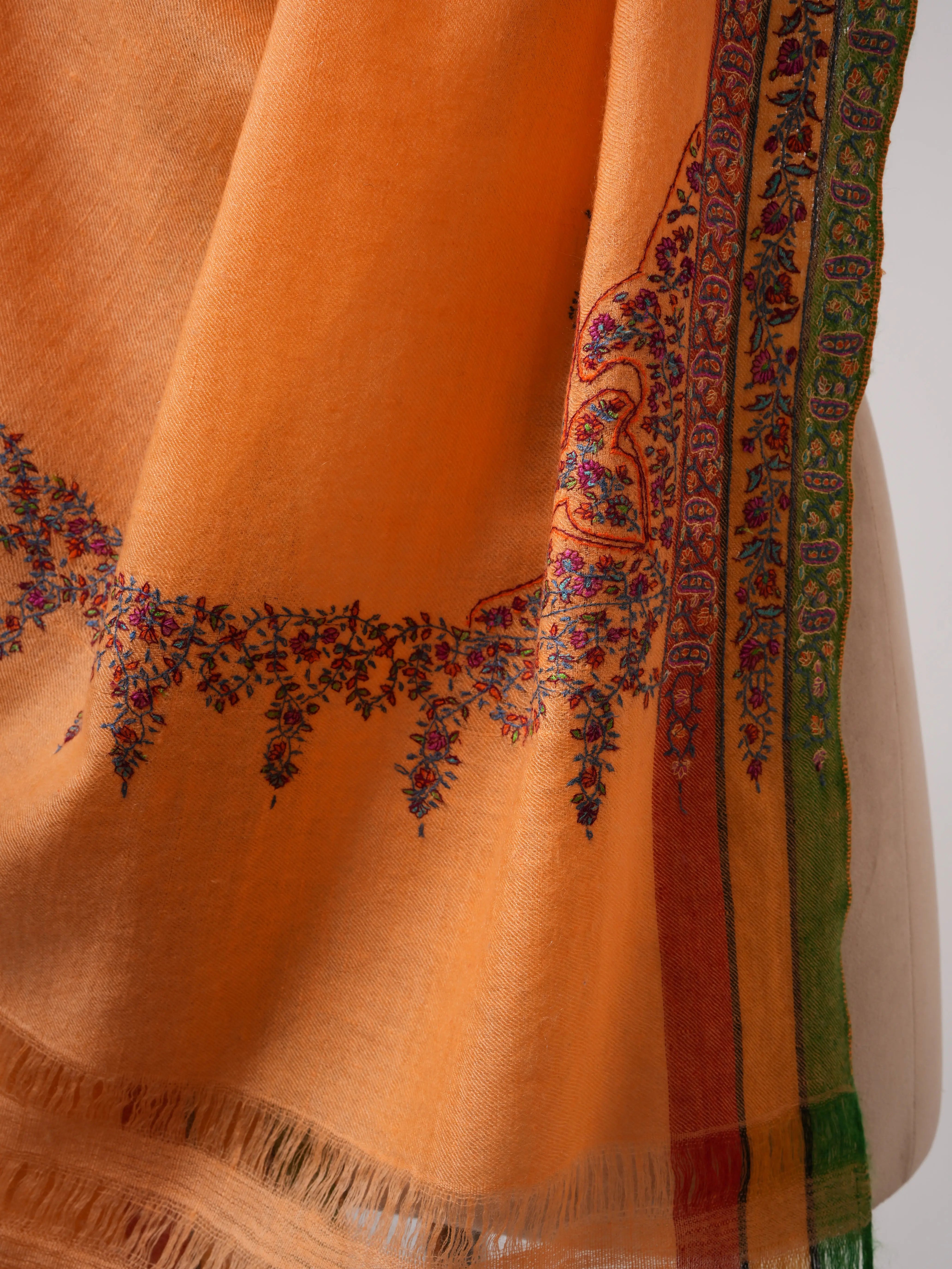 Fresh Orange Featherlight Pashmina Shawl with Hand Embroidery – Soft & Elegant Shahkaar