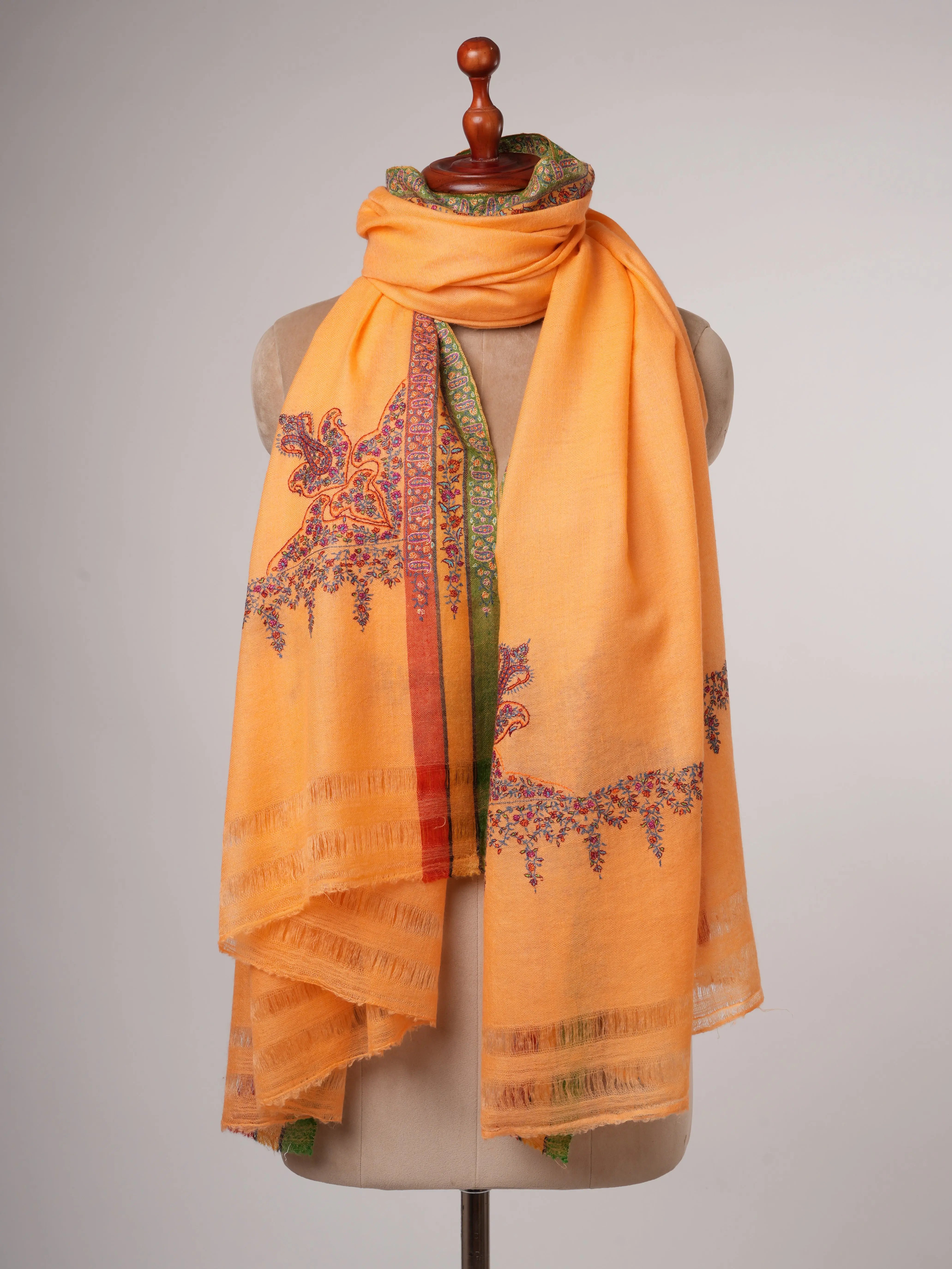 Fresh Orange Featherlight Pashmina Shawl with Hand Embroidery – Soft & Elegant Shahkaar