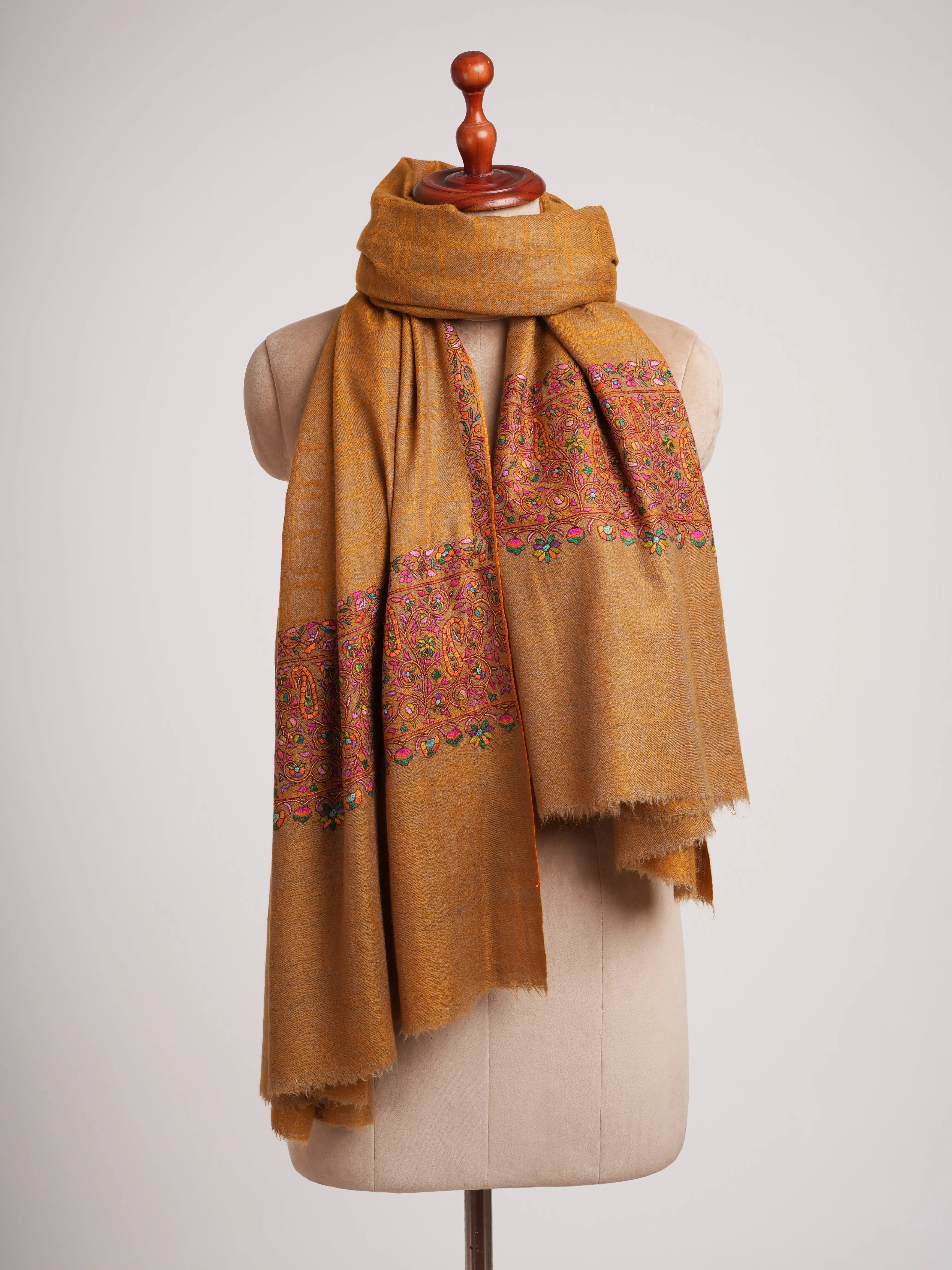 Gold Check with Palla Embroidered Pure Pashmina Shawl Shahkaar