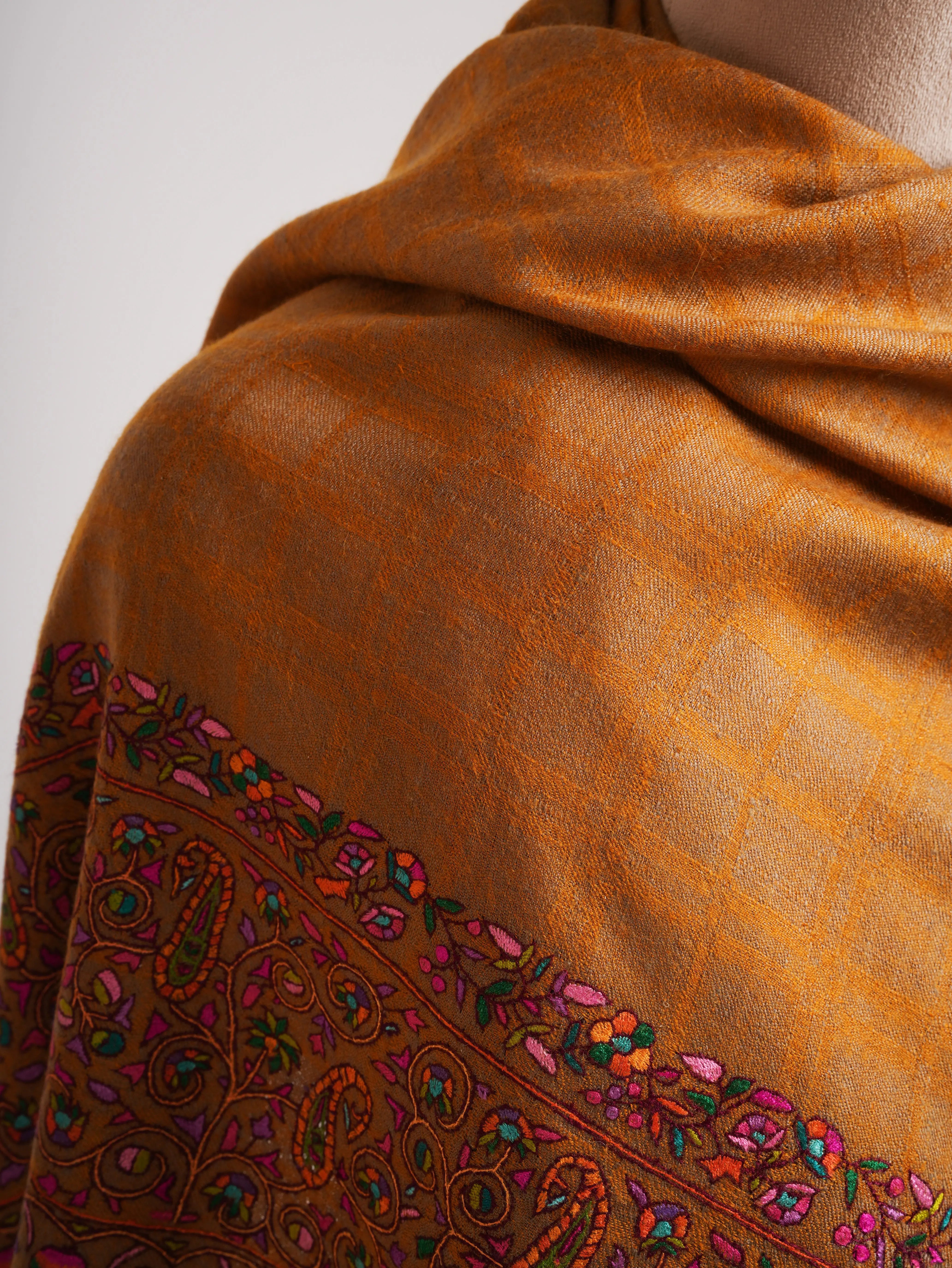 Gold Check with Palla Embroidered Pure Pashmina Shawl Shahkaar