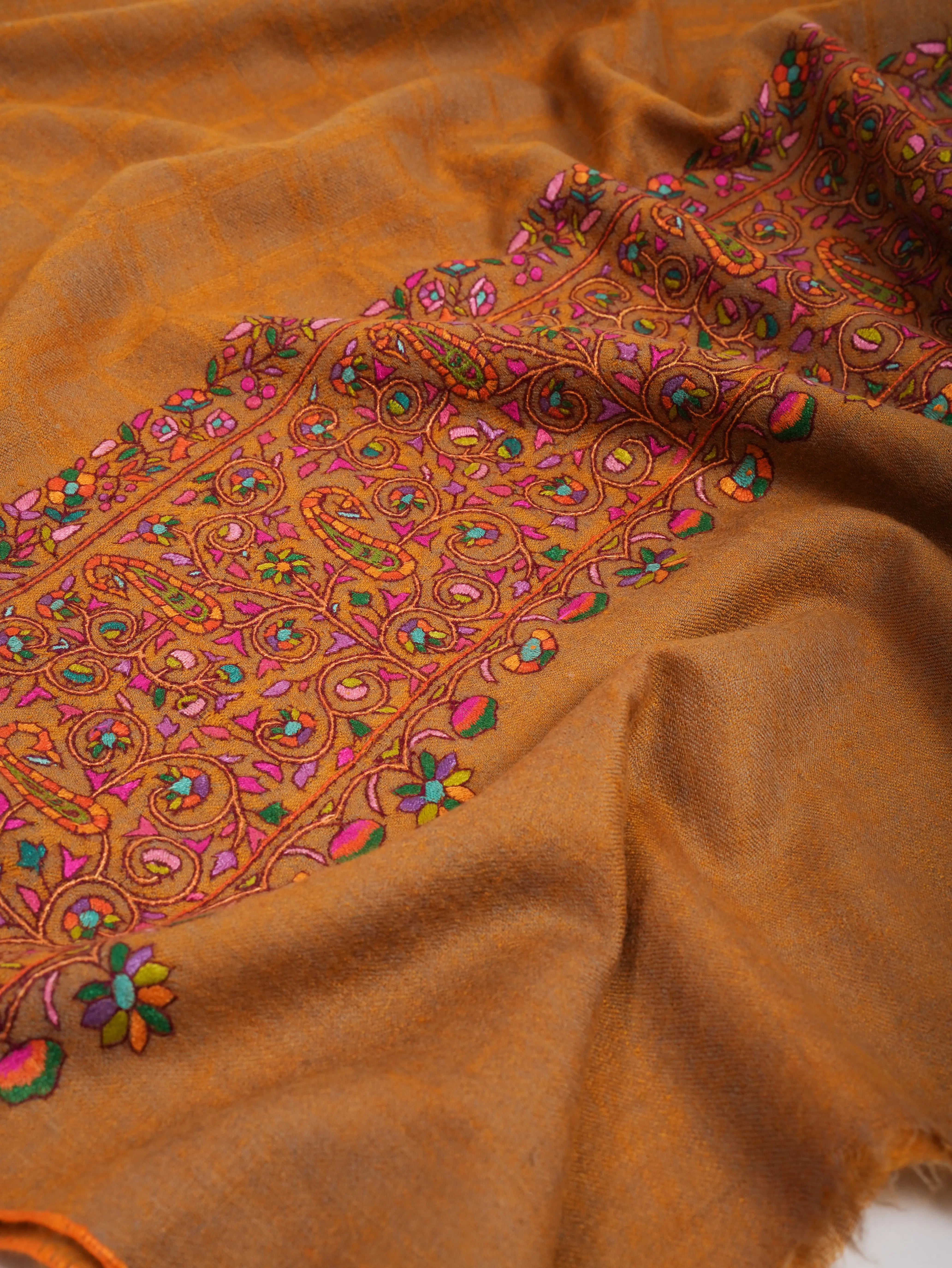 Gold Check with Palla Embroidered Pure Pashmina Shawl Shahkaar
