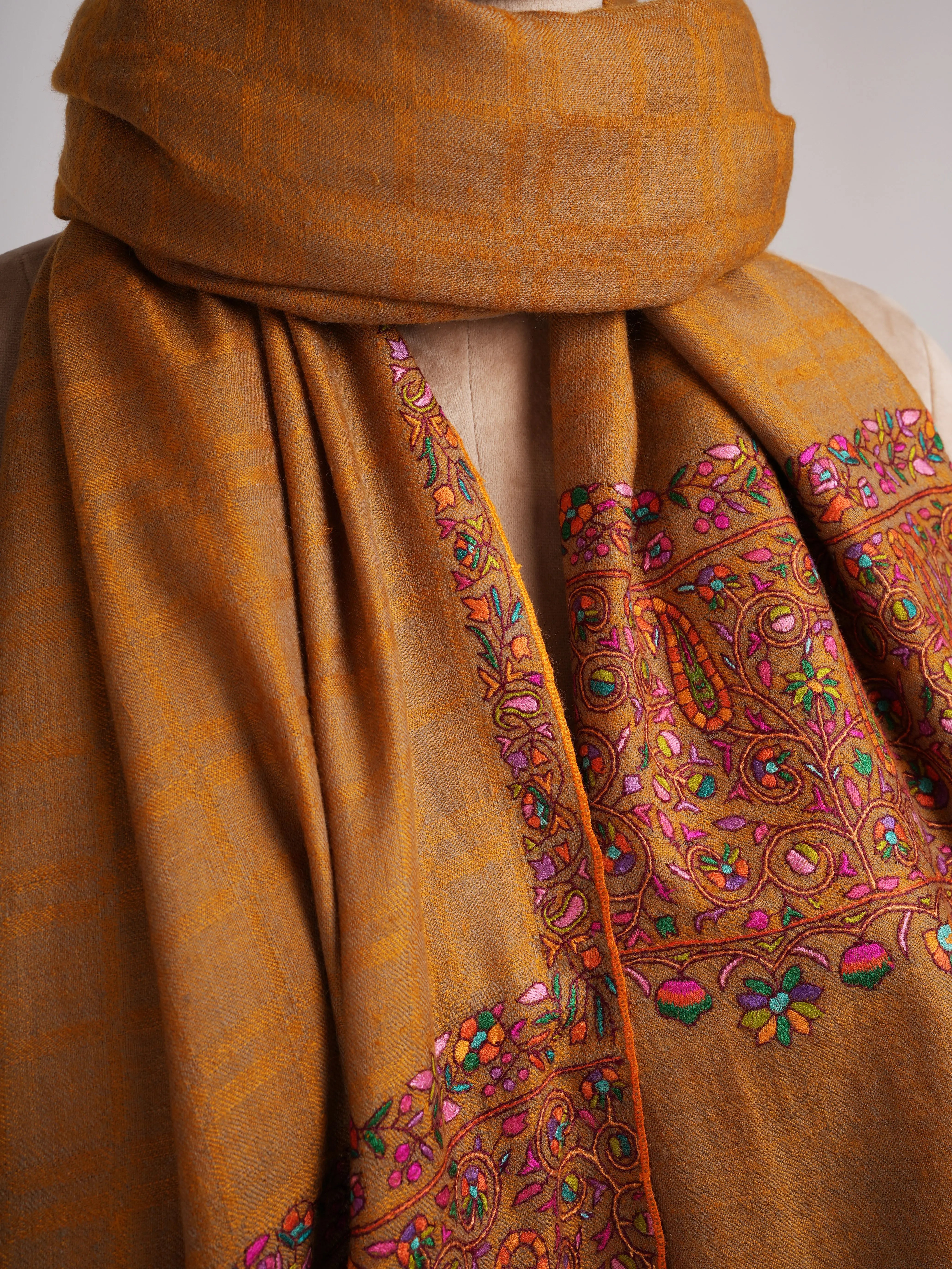 Gold Check with Palla Embroidered Pure Pashmina Shawl Shahkaar