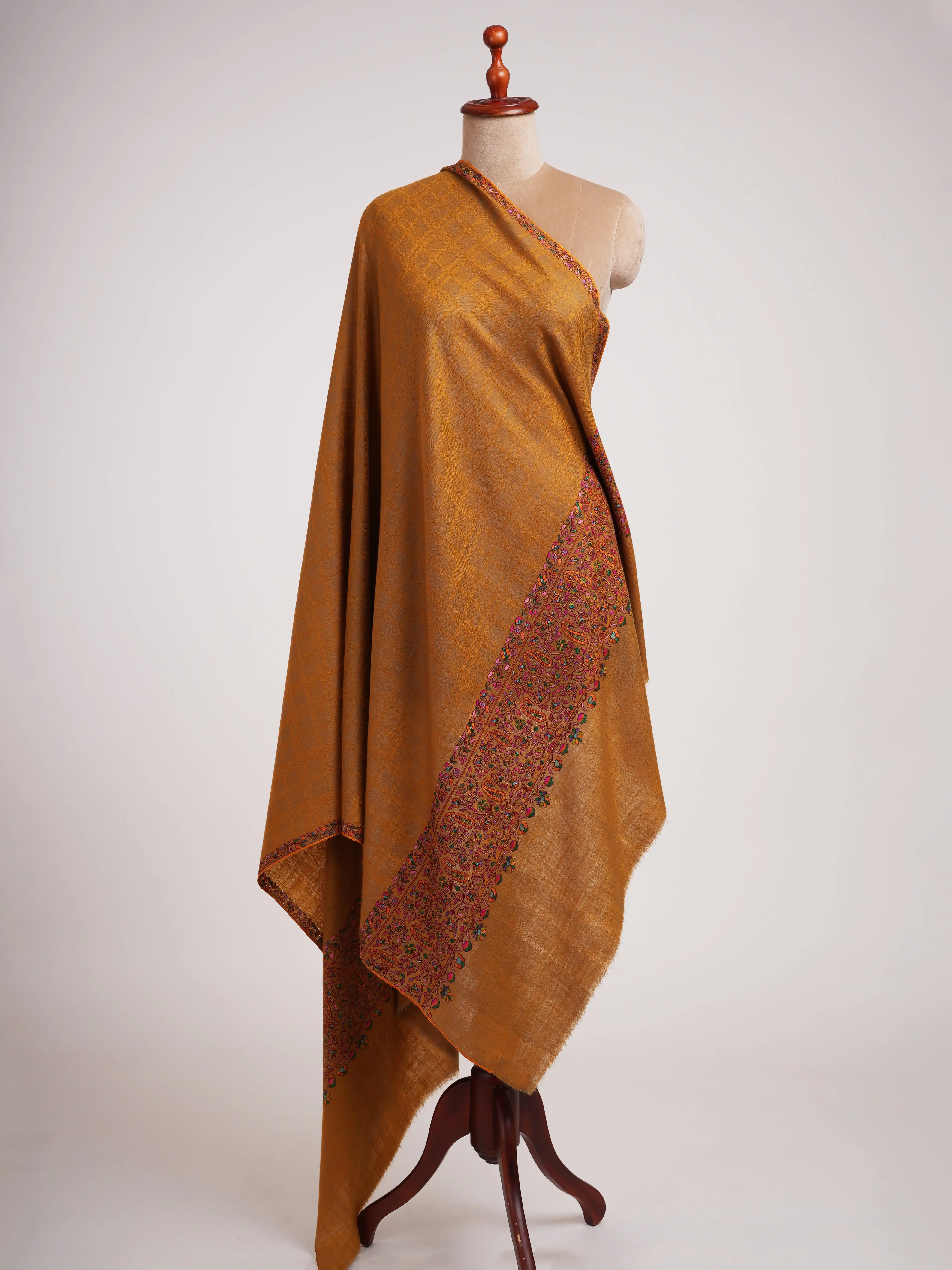 Gold Check with Palla Embroidered Pure Pashmina Shawl Shahkaar