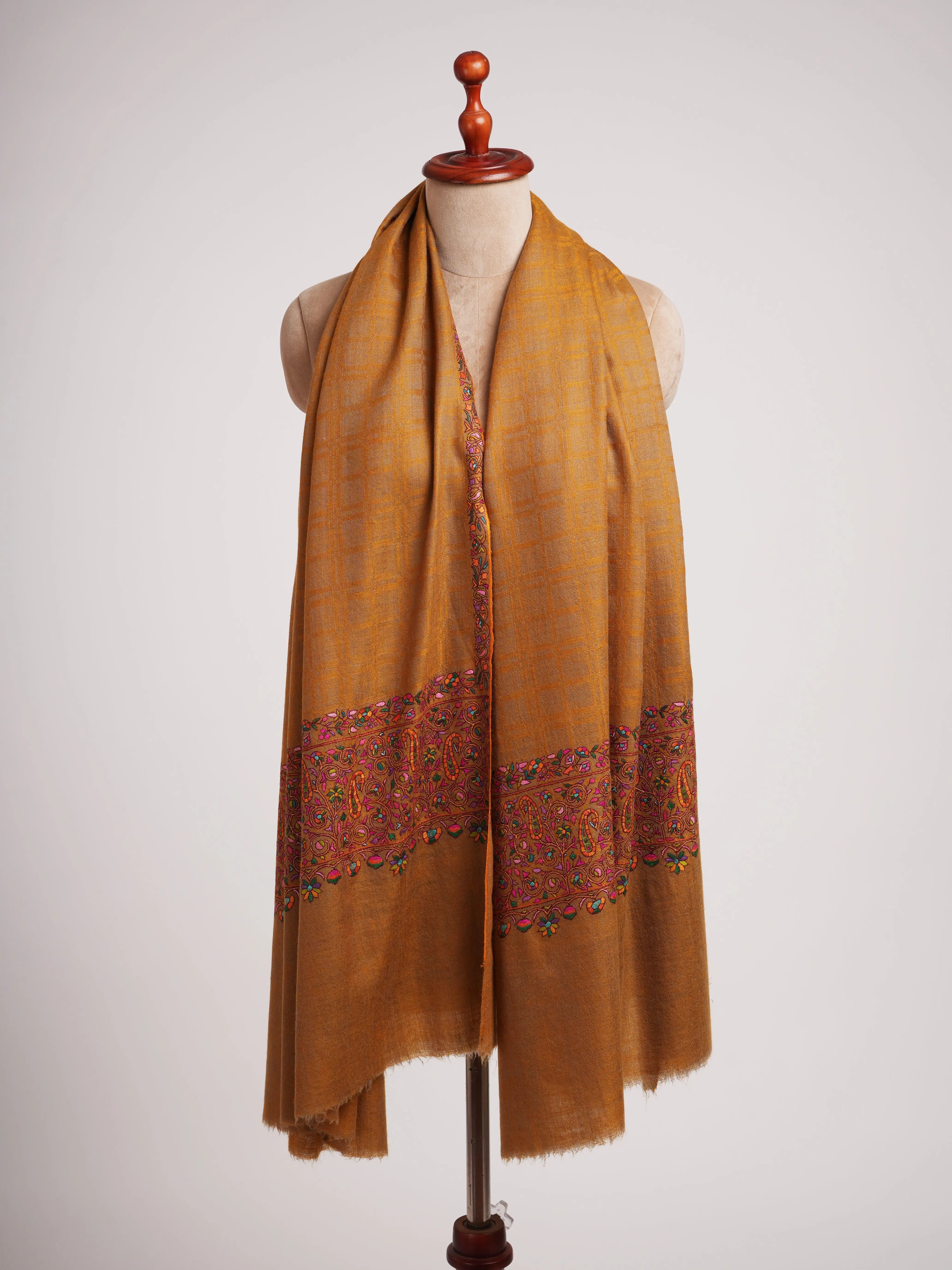 Gold Check with Palla Embroidered Pure Pashmina Shawl Shahkaar