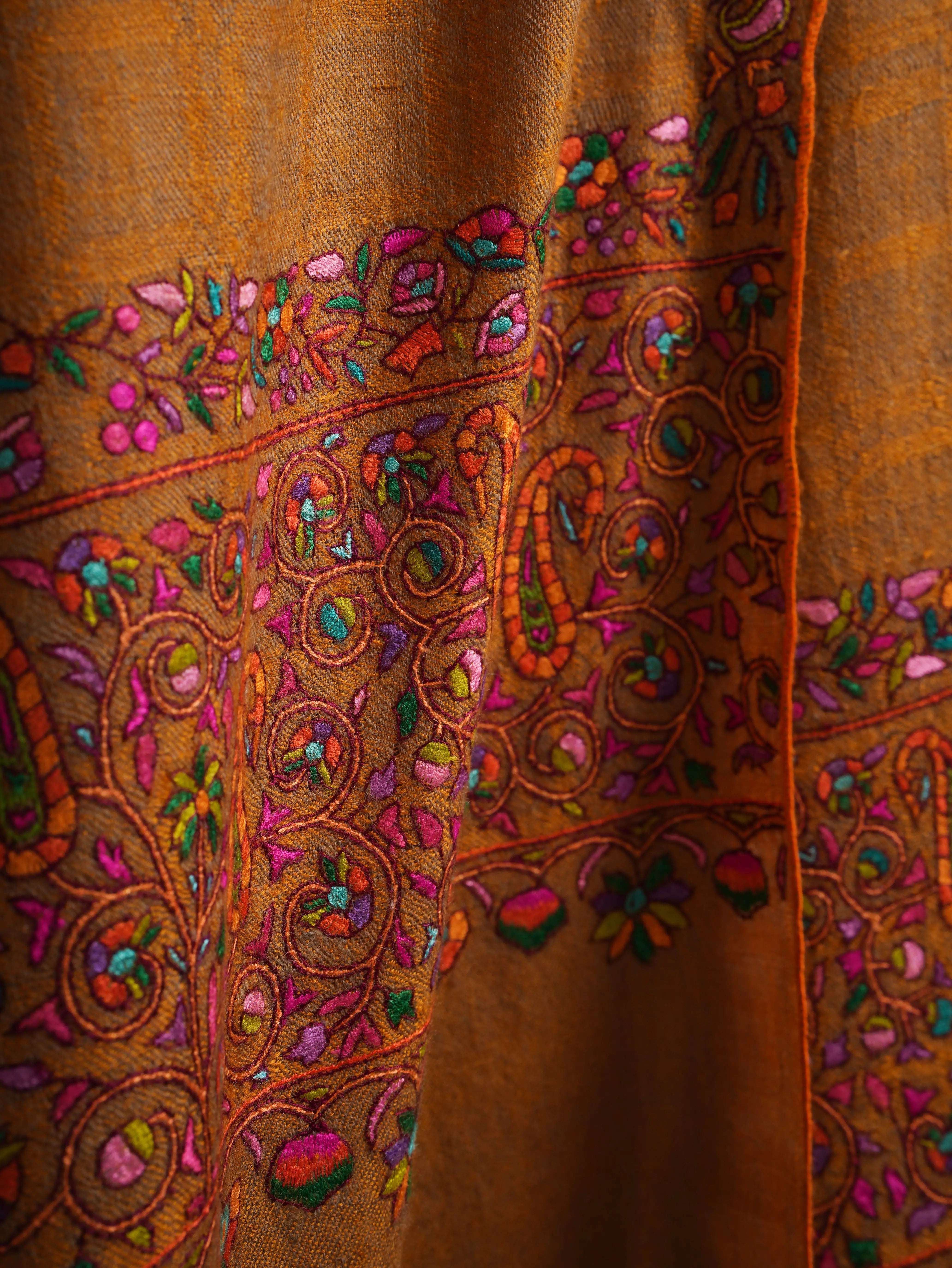 Gold Check with Palla Embroidered Pure Pashmina Shawl Shahkaar