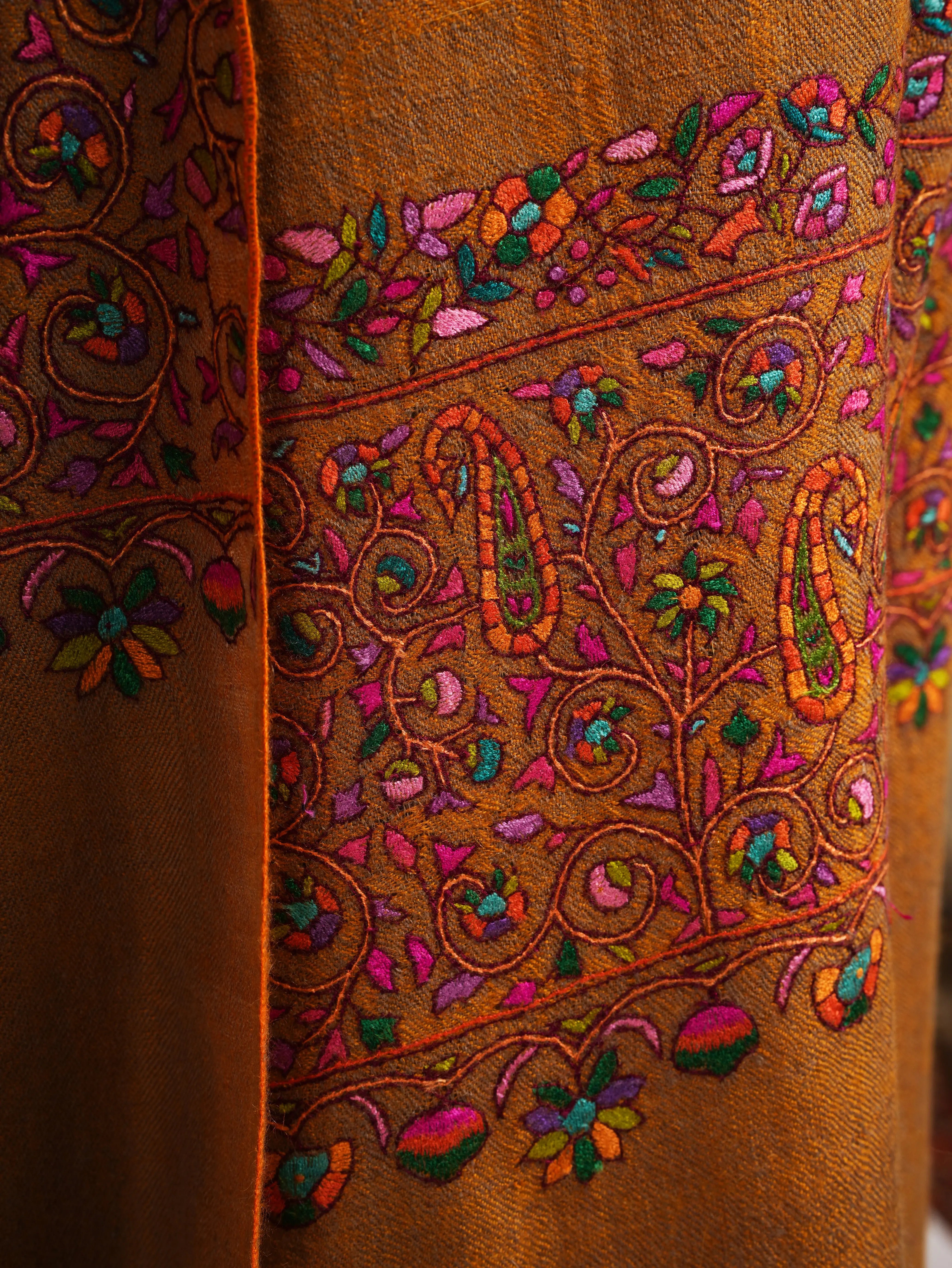 Gold Check with Palla Embroidered Pure Pashmina Shawl Shahkaar