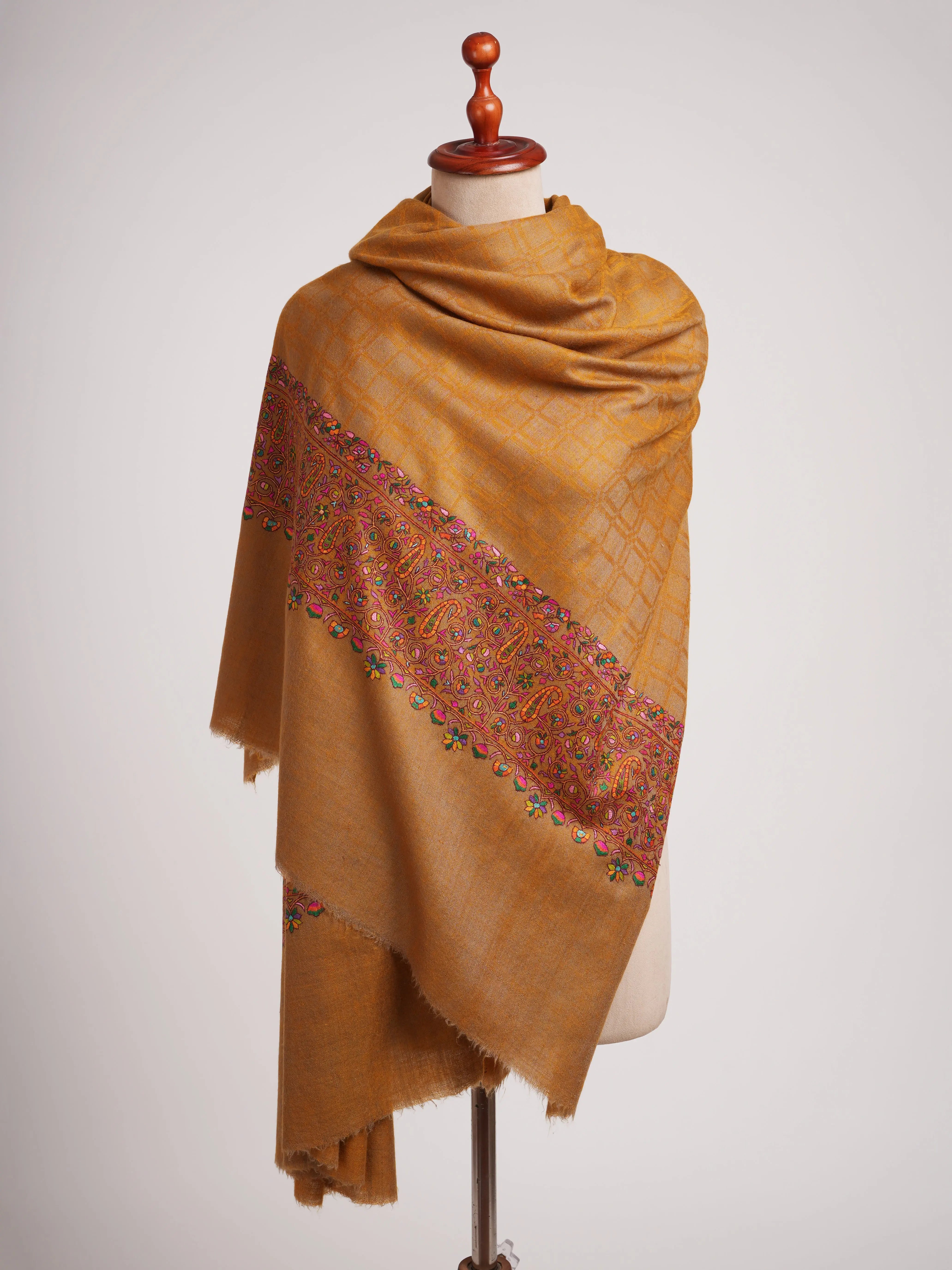 Gold Check with Palla Embroidered Pure Pashmina Shawl Shahkaar
