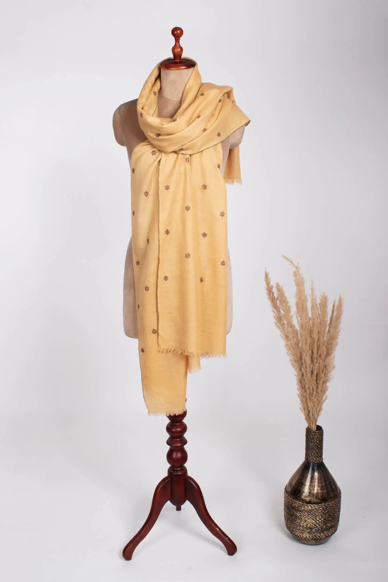 Gold Color Star Embroidered Pashmina Shawl with a Minimalist Touch - ARCADIA Shahkaar