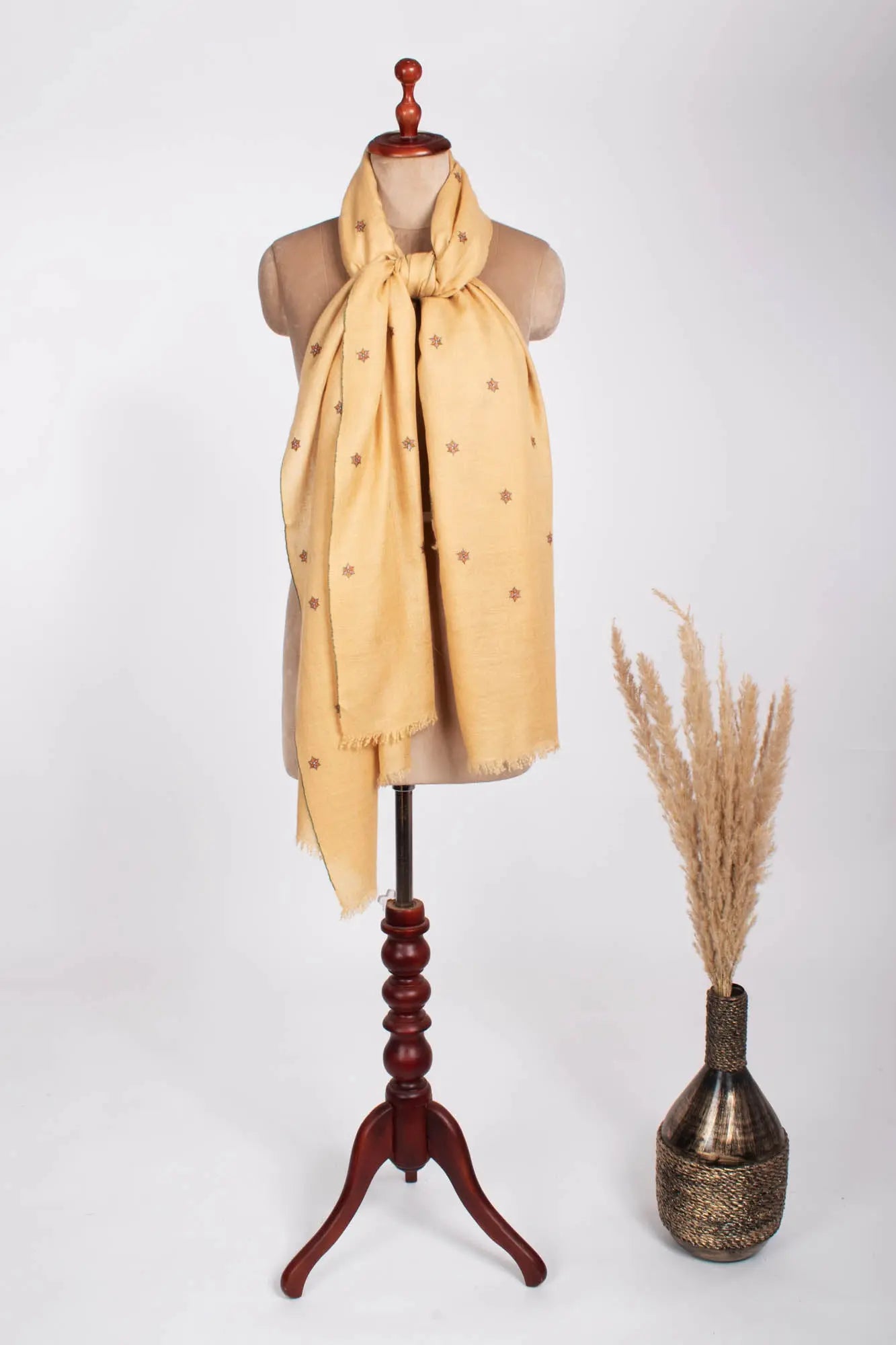 Gold Color Star Embroidered Pashmina Shawl with a Minimalist Touch - ARCADIA Shahkaar