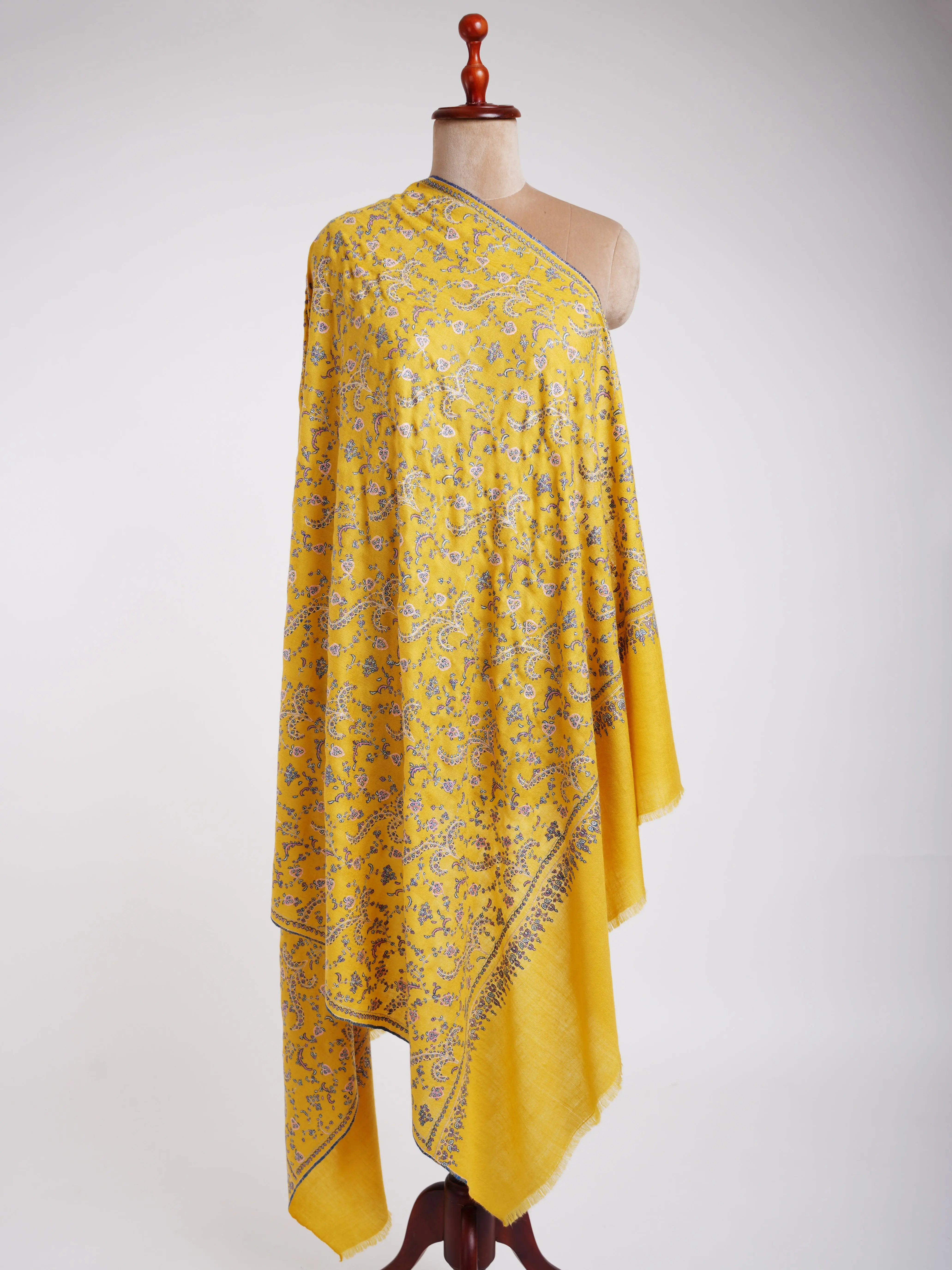 Gold Hand Embroidered Beautiful Pashmina Shawl Shahkaar