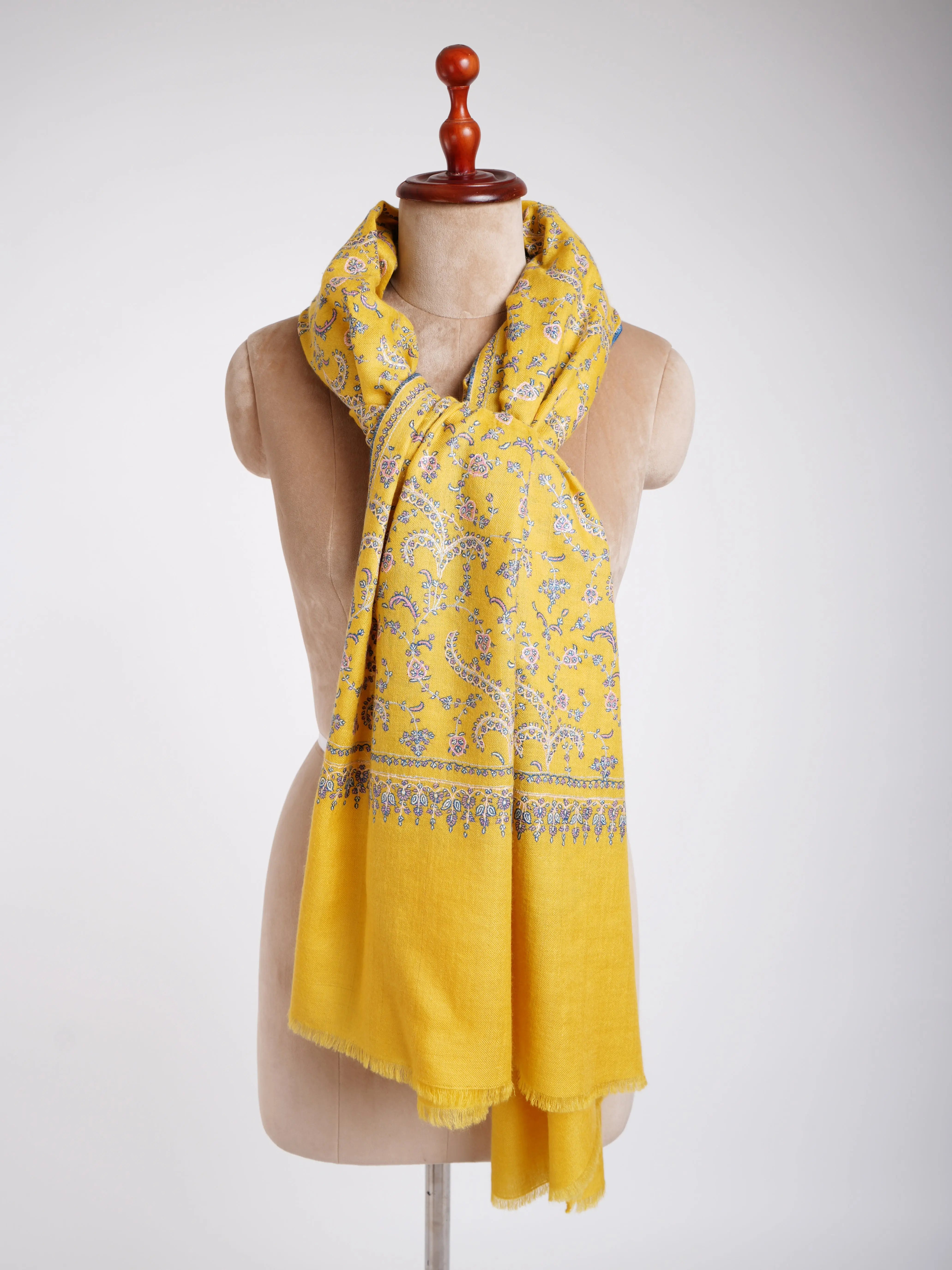 Gold Hand Embroidered Beautiful Pashmina Shawl Shahkaar