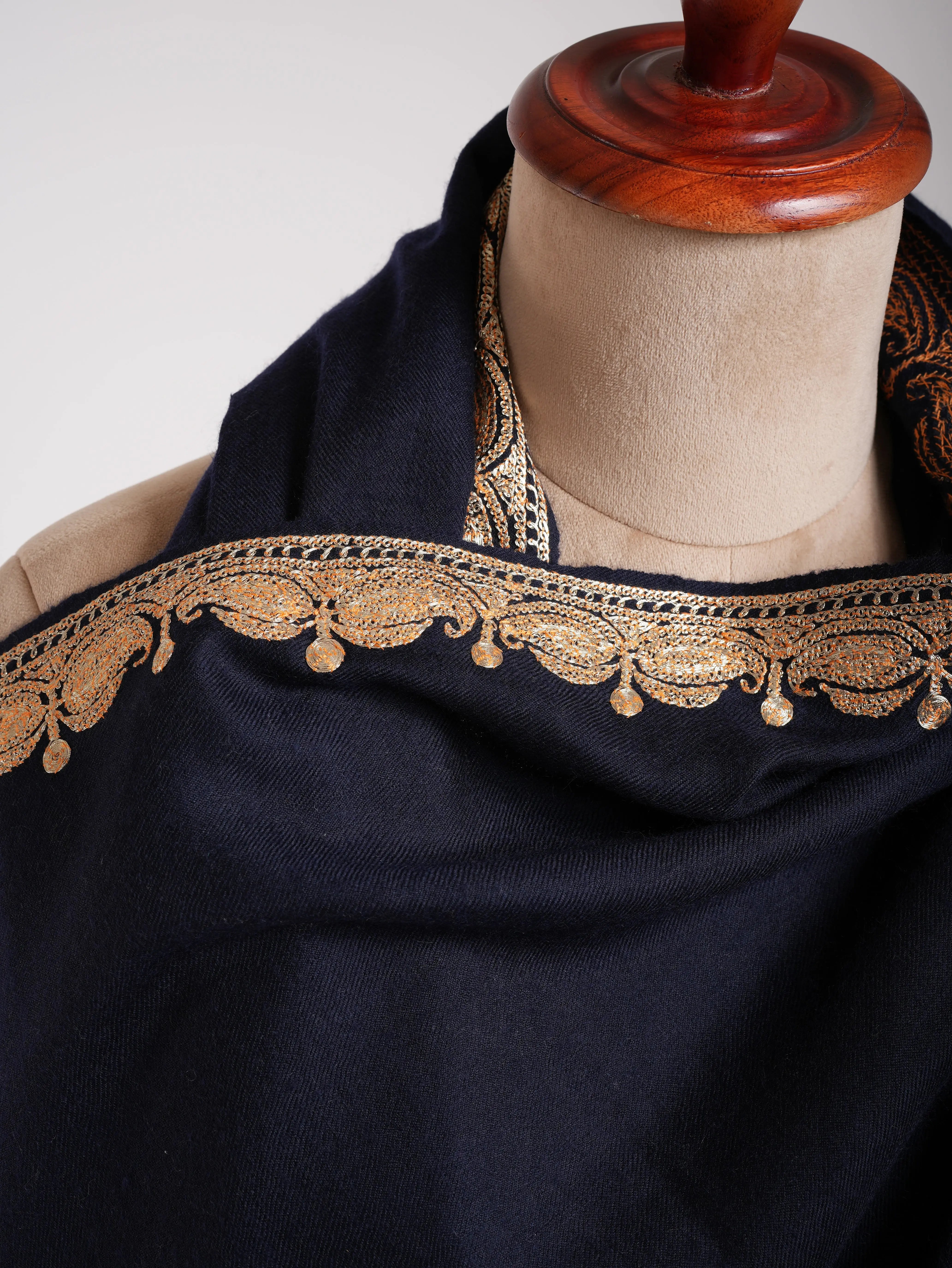 Gold Tilla Embroidered Dark Navy Blue Pashmina Shawl Shahkaar