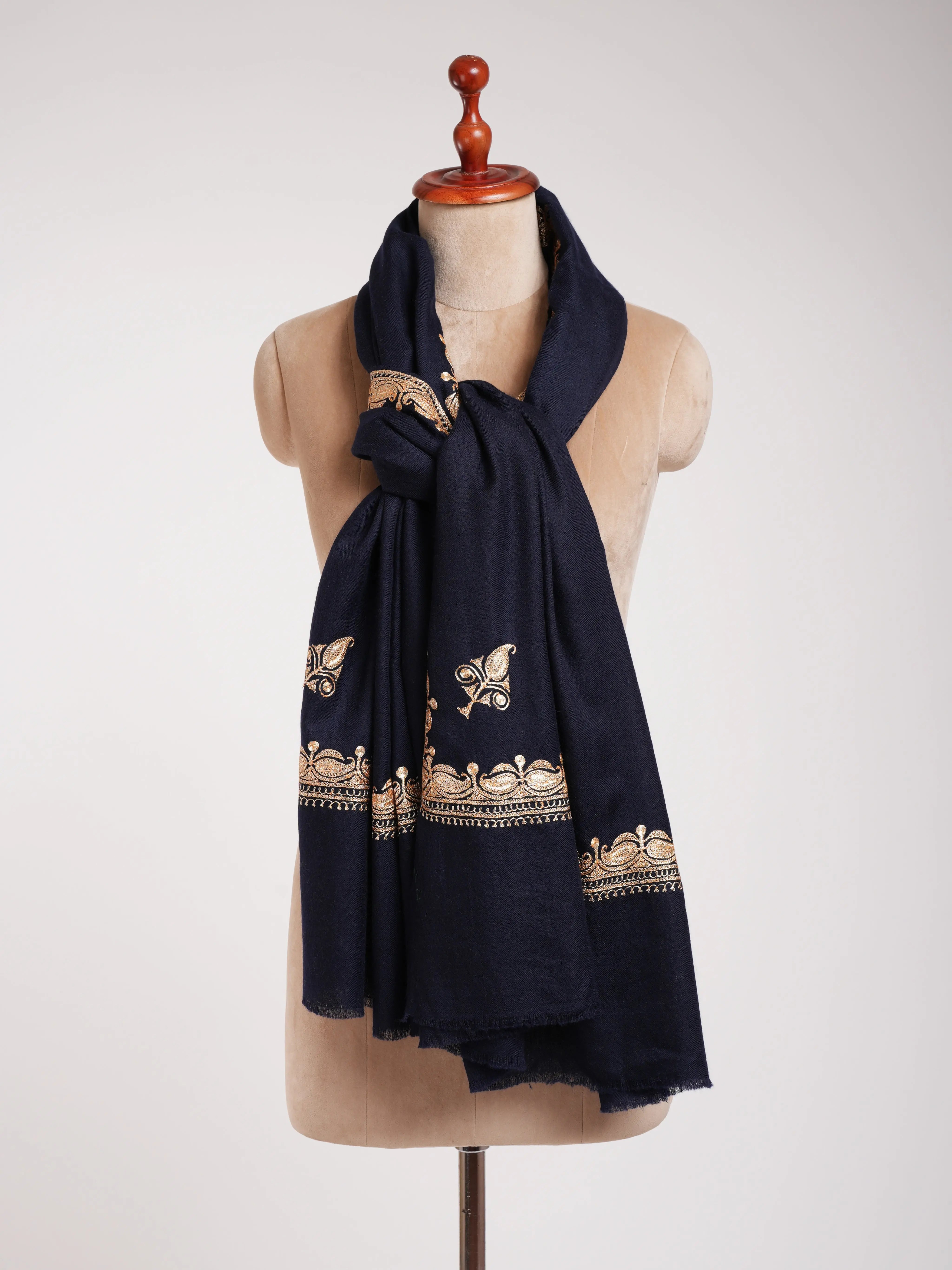 Gold Tilla Embroidered Dark Navy Blue Pashmina Shawl Shahkaar