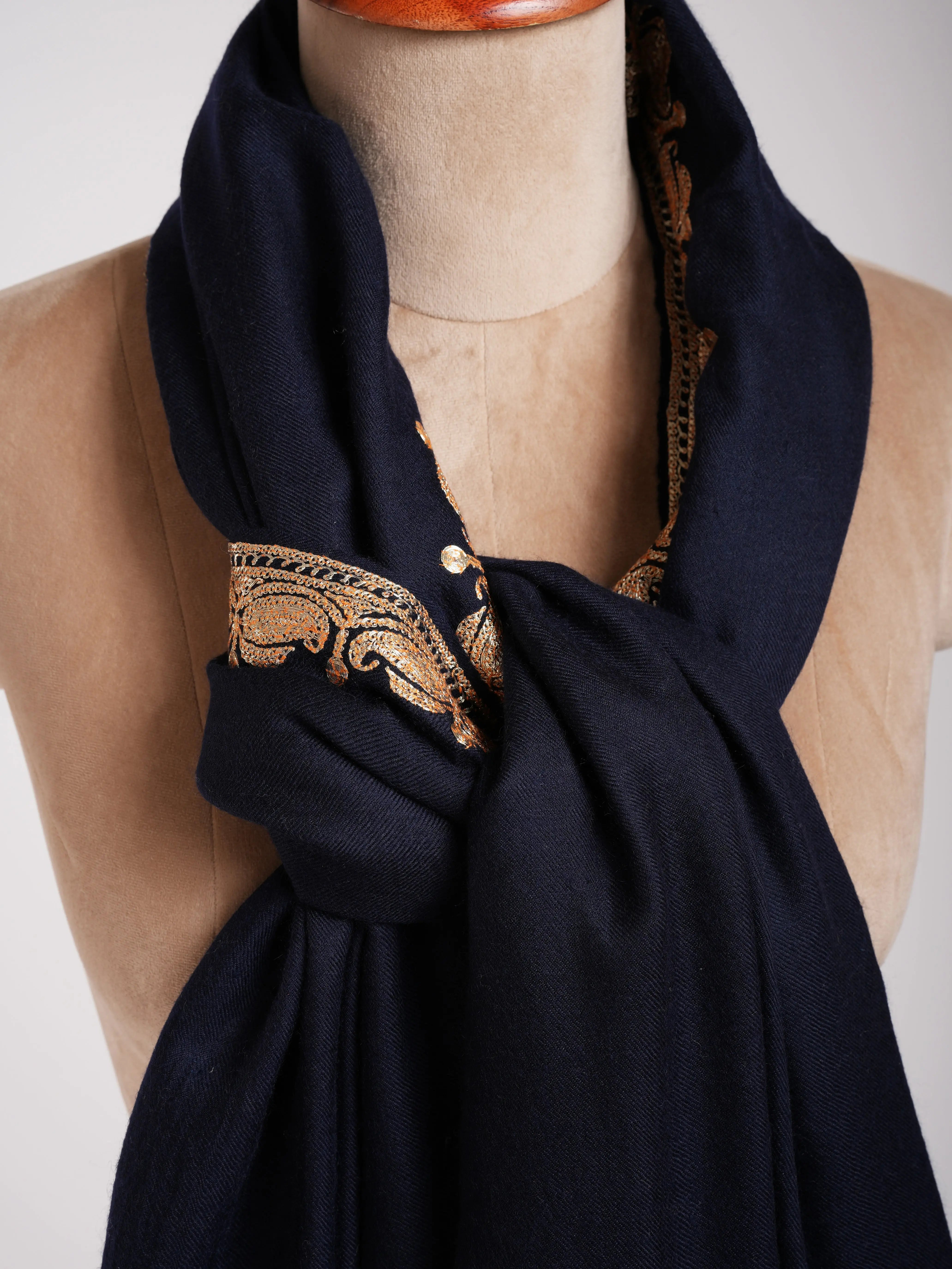 Gold Tilla Embroidered Dark Navy Blue Pashmina Shawl Shahkaar