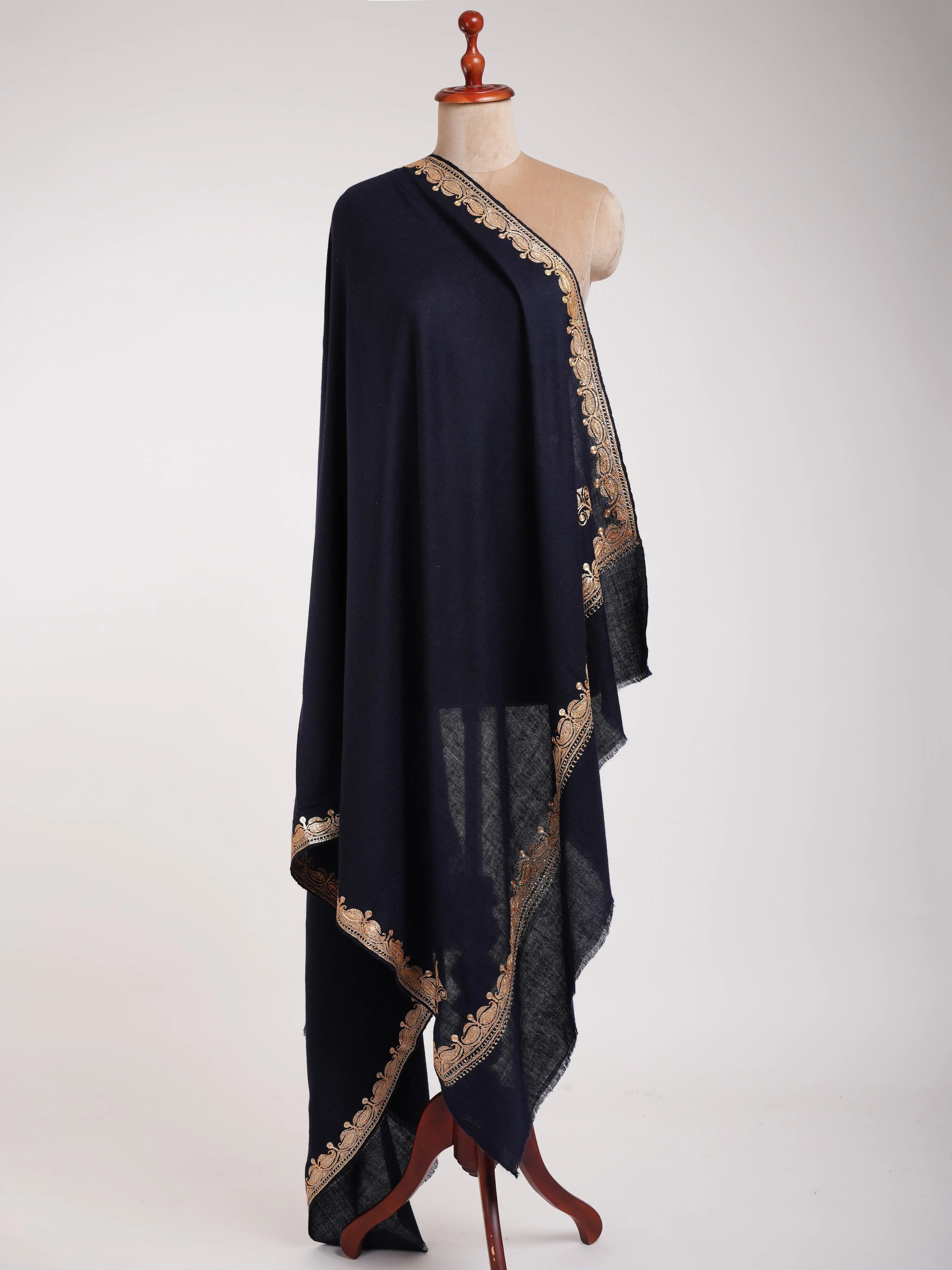 Gold Tilla Embroidered Dark Navy Blue Pashmina Shawl Shahkaar